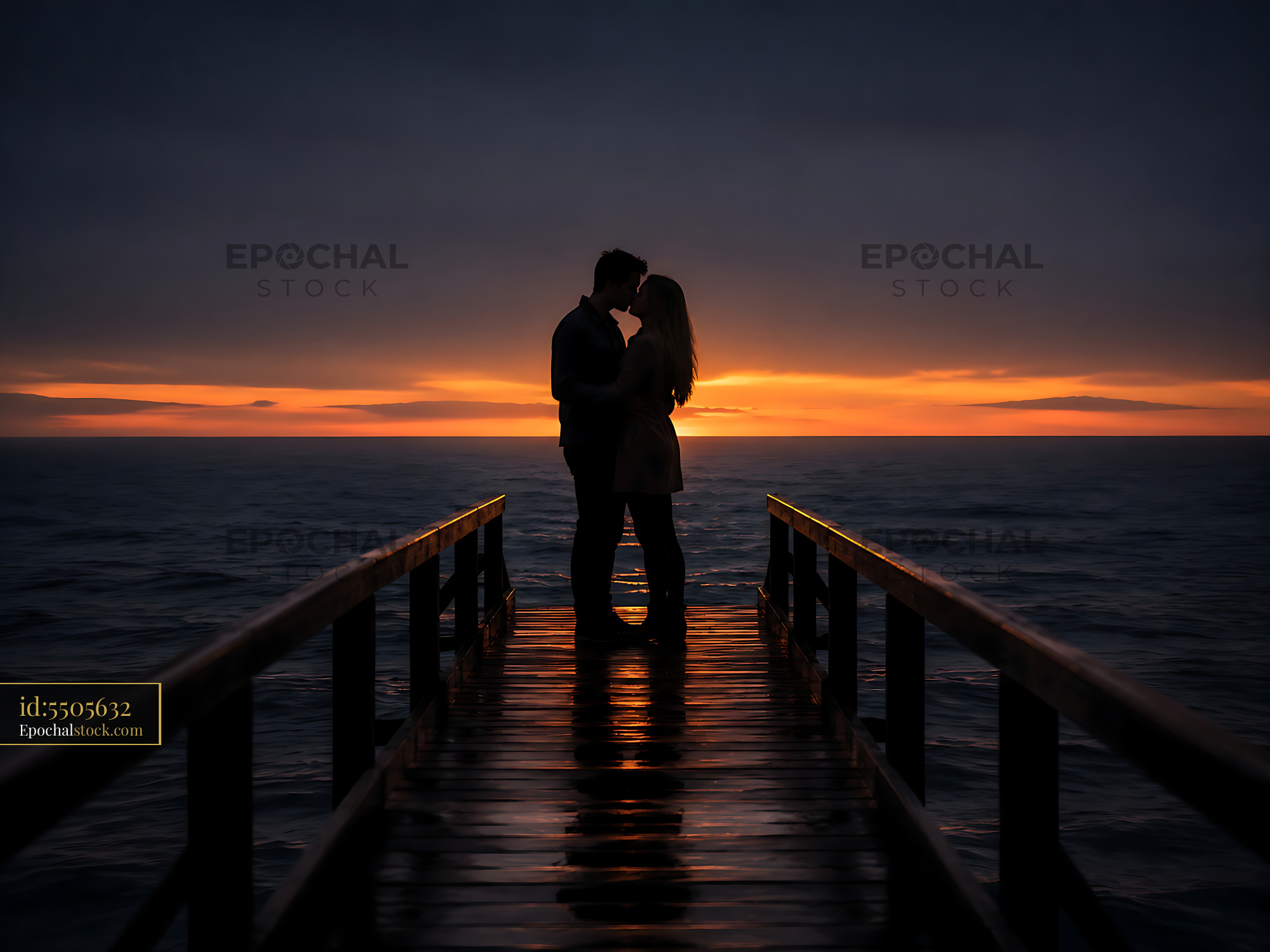 Watermarked full-resolution preview of Couple embracing on a pier at sunset
