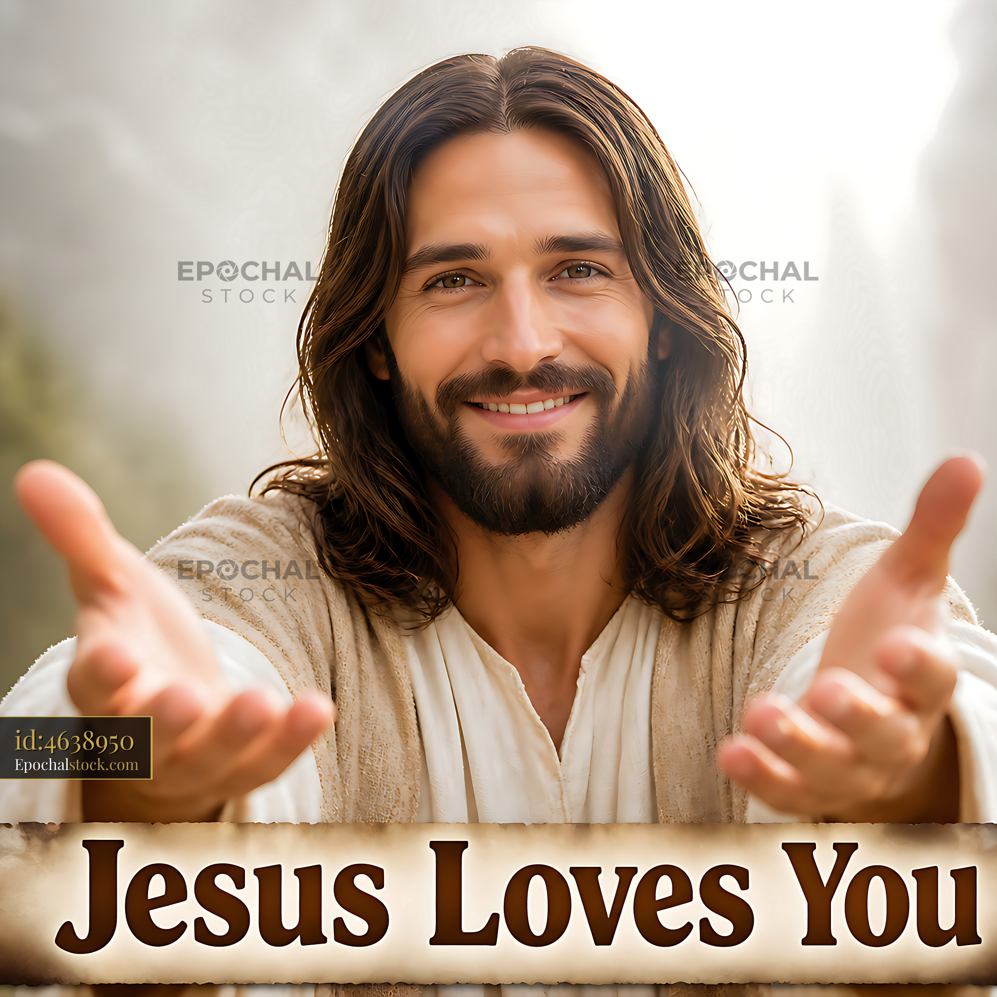 Watermarked full-resolution preview of Man with long hair extends hands with open palms