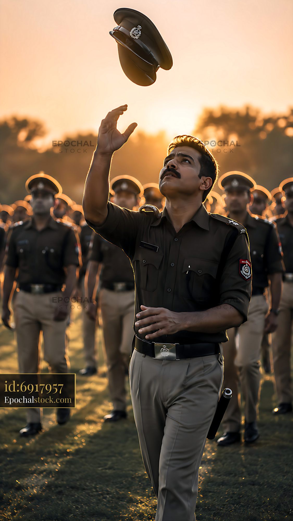 Police Officer Tossing Cap During Training Session at Sunset - stock photo