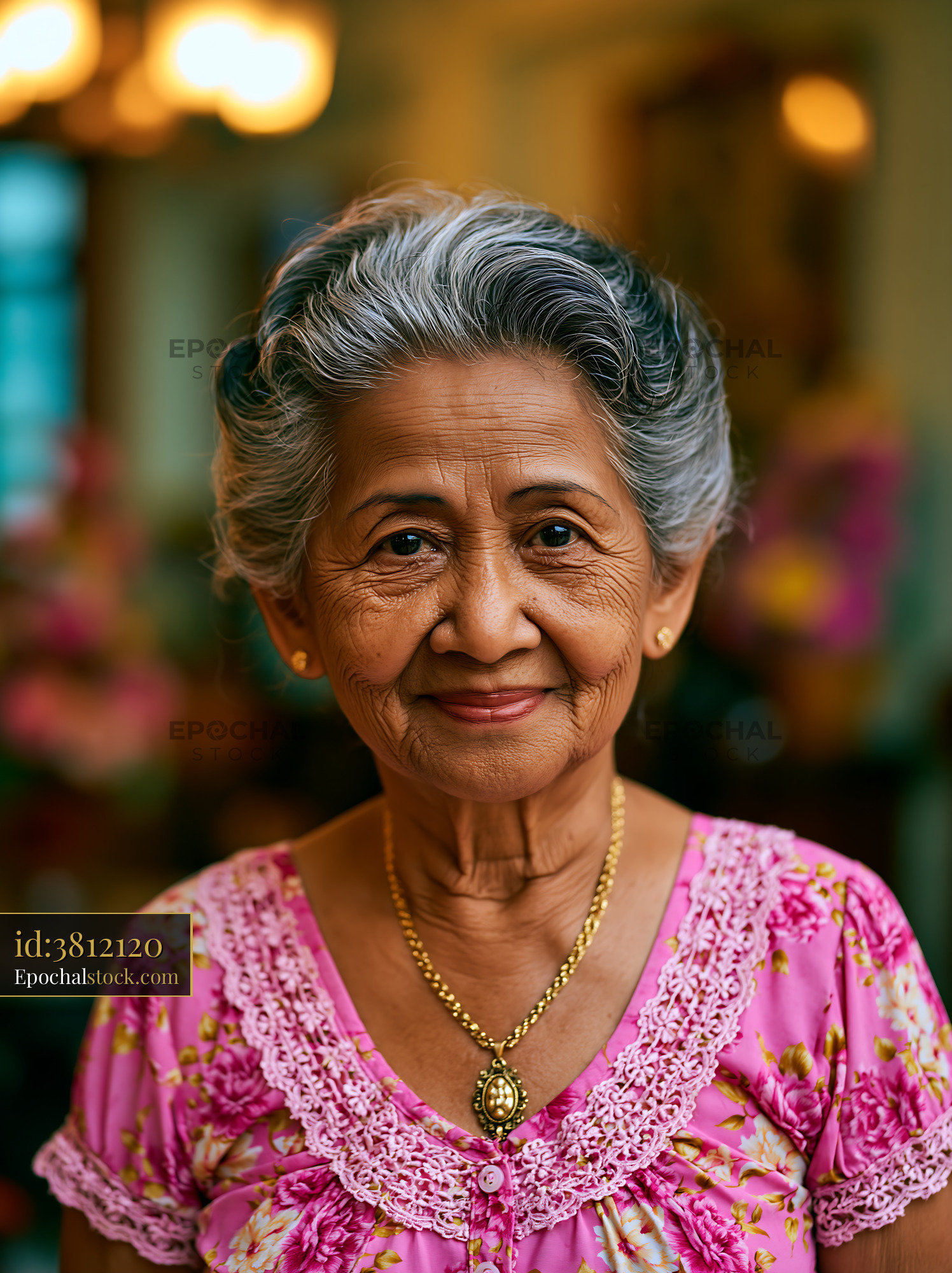 Watermarked full-resolution preview of Elderly woman with gray hair wearing a pink blouse