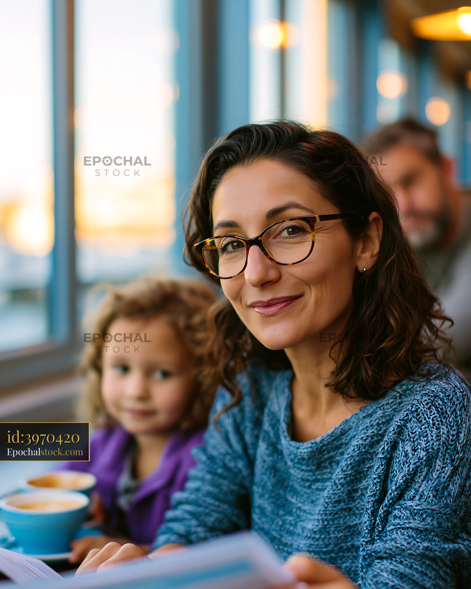 Watermarked full-resolution preview of Woman and child in a cafe smiling and looking at the camera