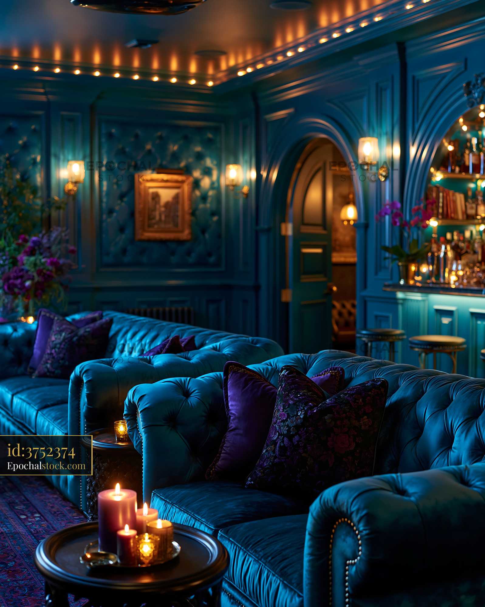 Watermarked full-resolution preview of Luxurious lounge with blue decor and candles at night