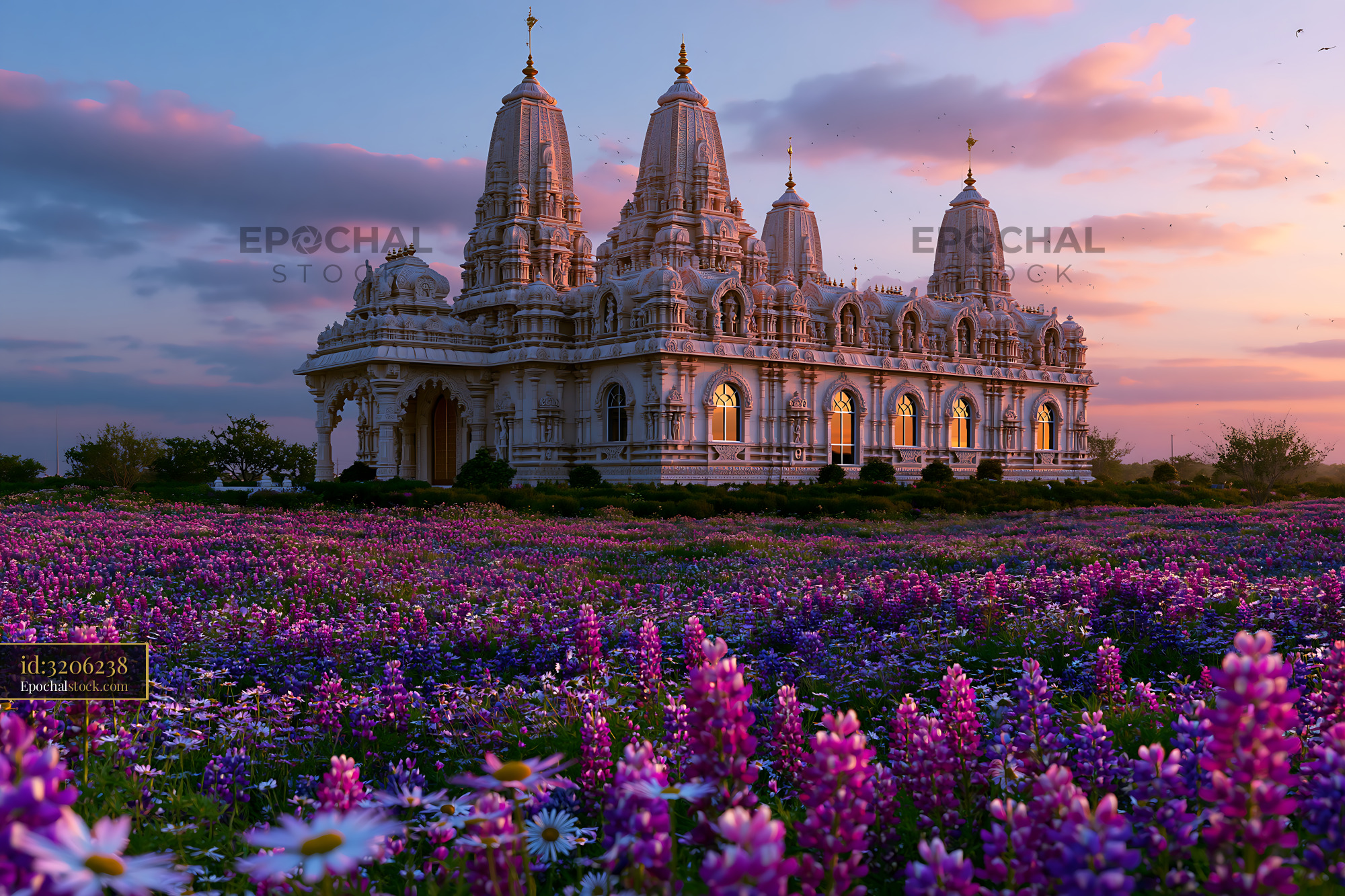 Watermarked full-resolution preview of Historic temple surrounded by colorful flowers at sunset