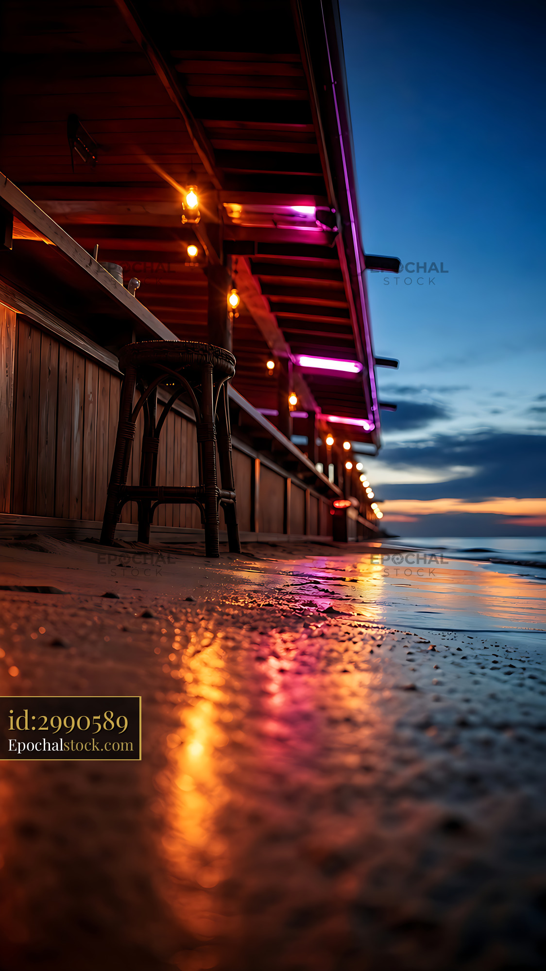 Beachside Bar at Sunset With Lights Reflecting on Wet Sand - stock photo