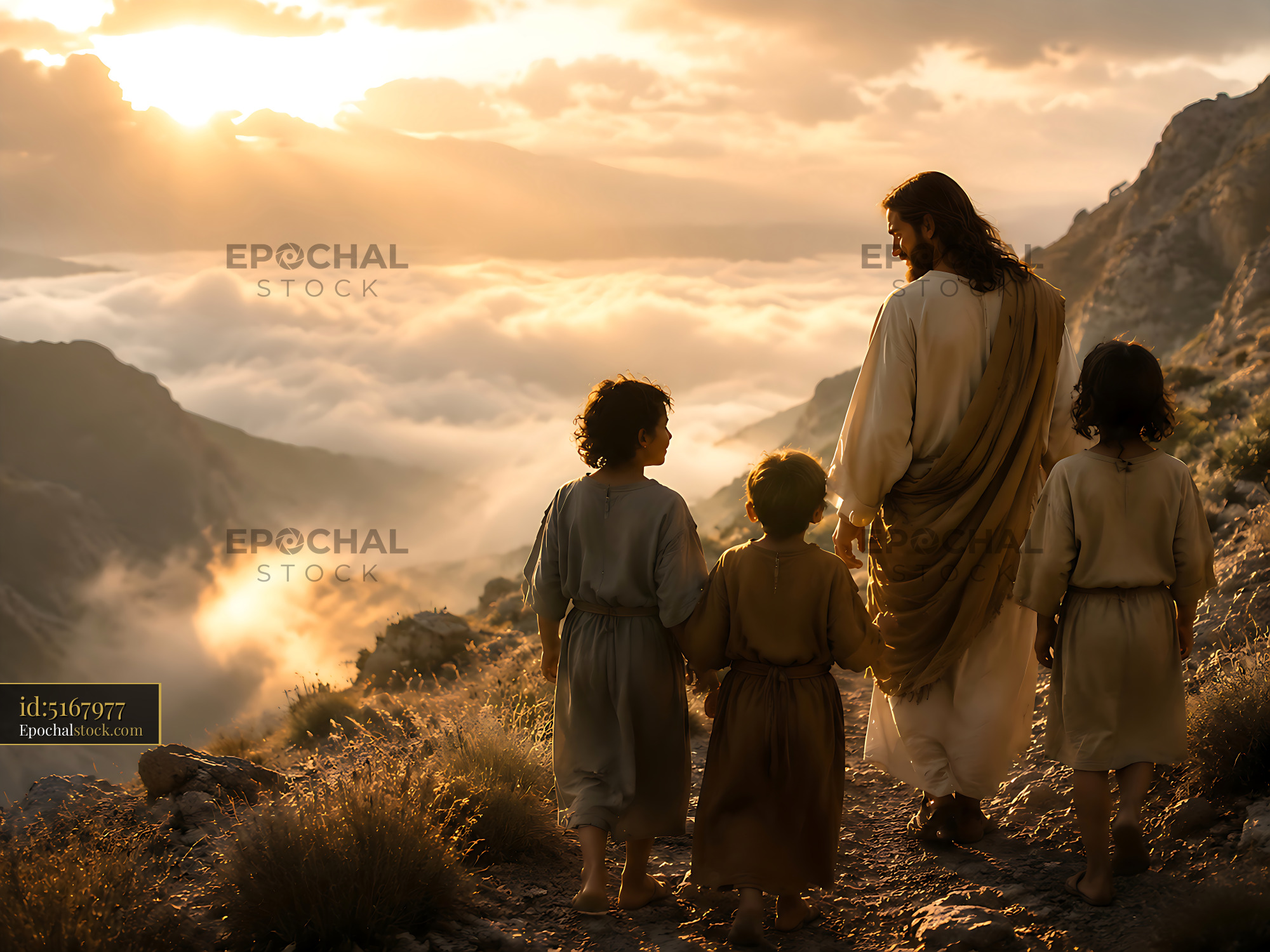 Watermarked full-resolution preview of Walking together in a mountain landscape during sunset