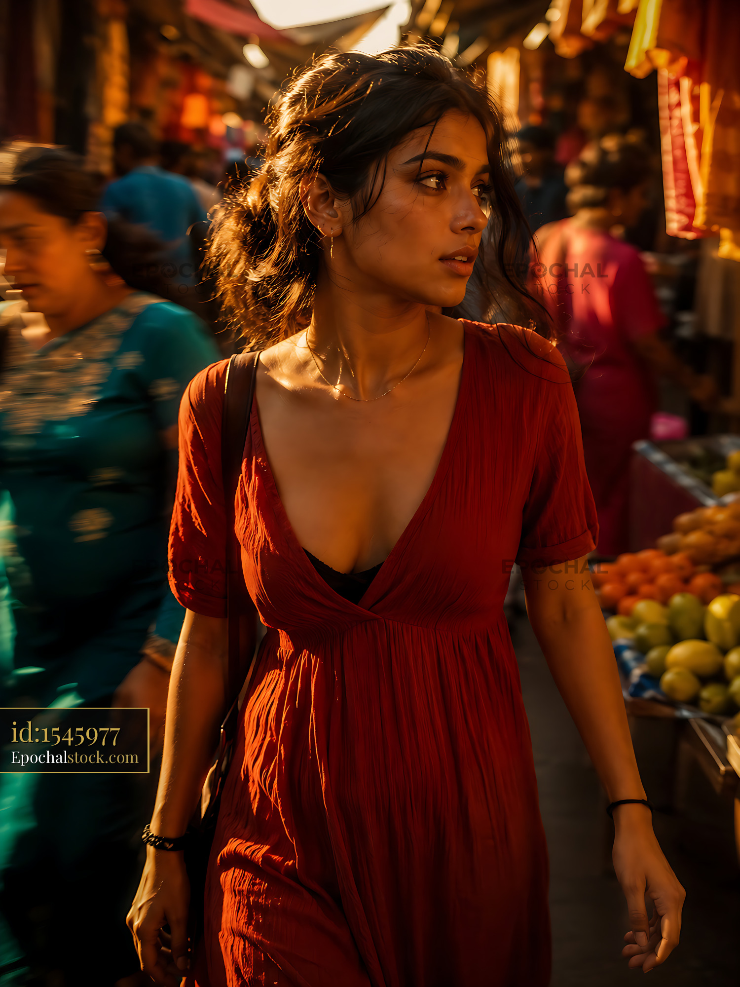 Watermarked full-resolution preview of Woman walking through a busy market in warm lighting