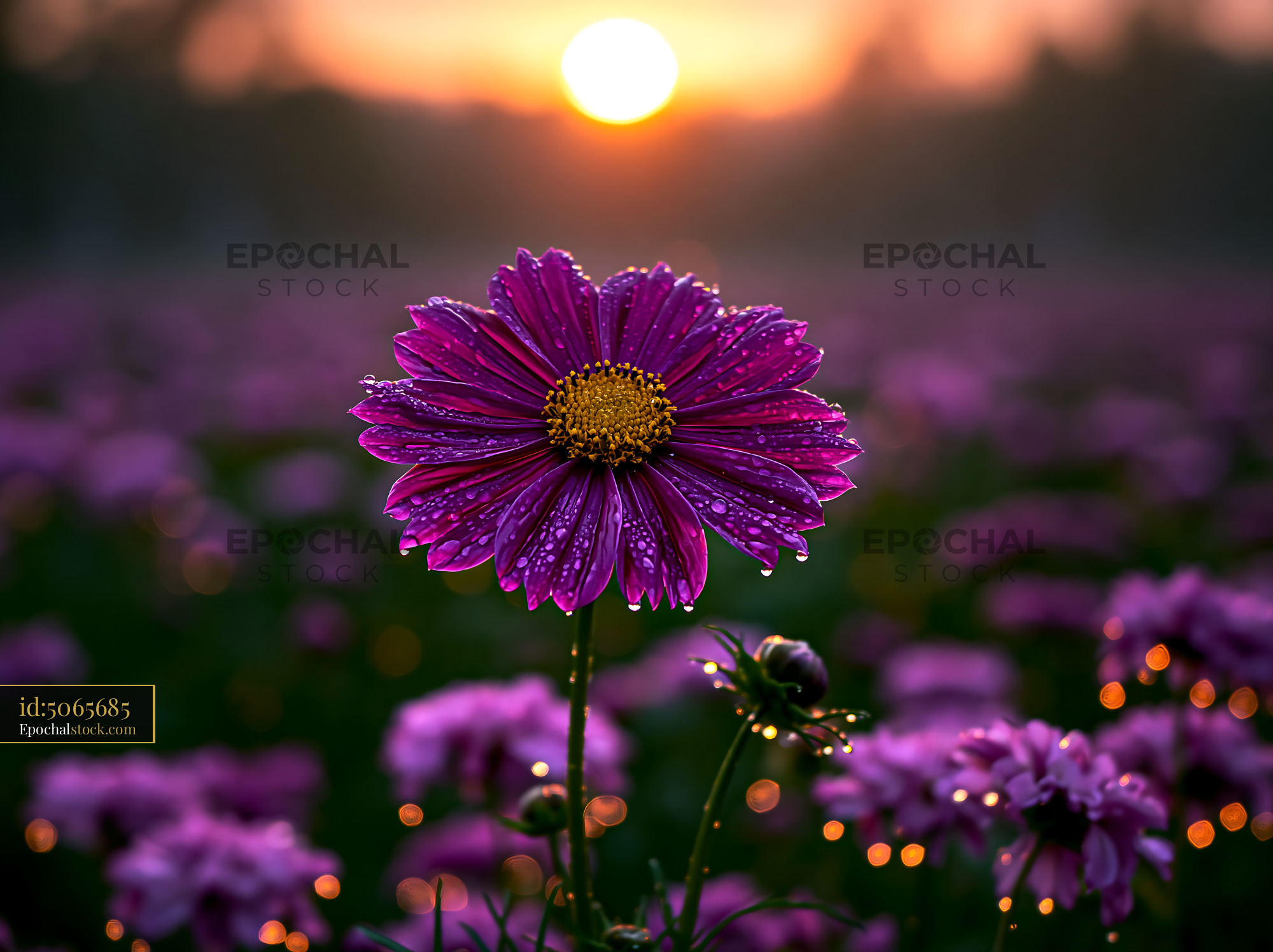 Flower Stands Tall in a Field With Sunlight and Dew Drops - stock photo