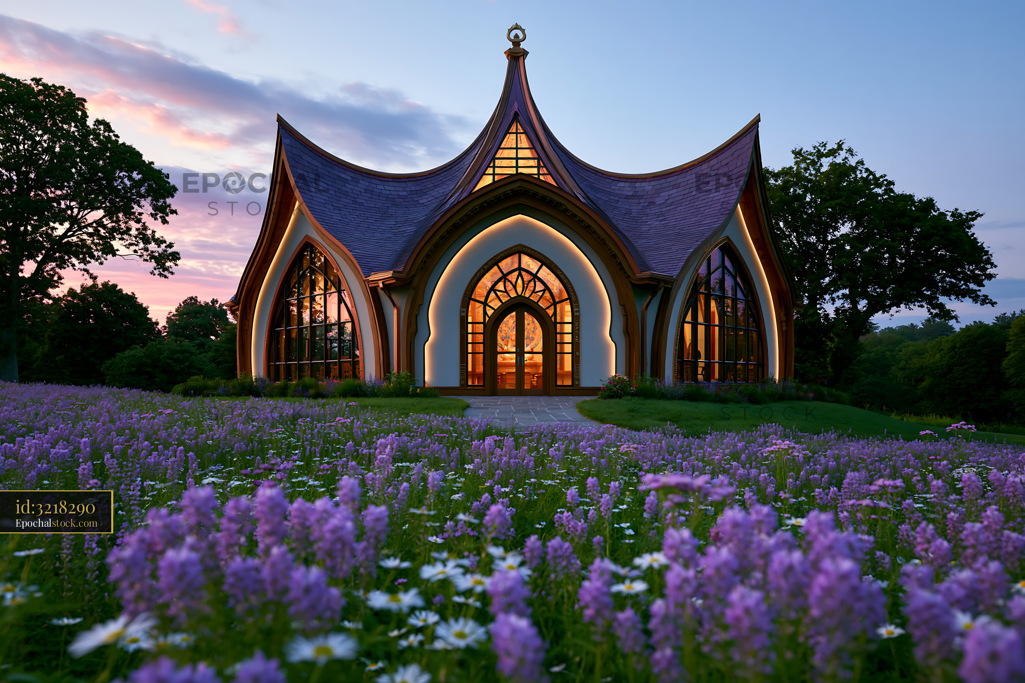 Watermarked full-resolution preview of Colorful building surrounded by flowers during sunset