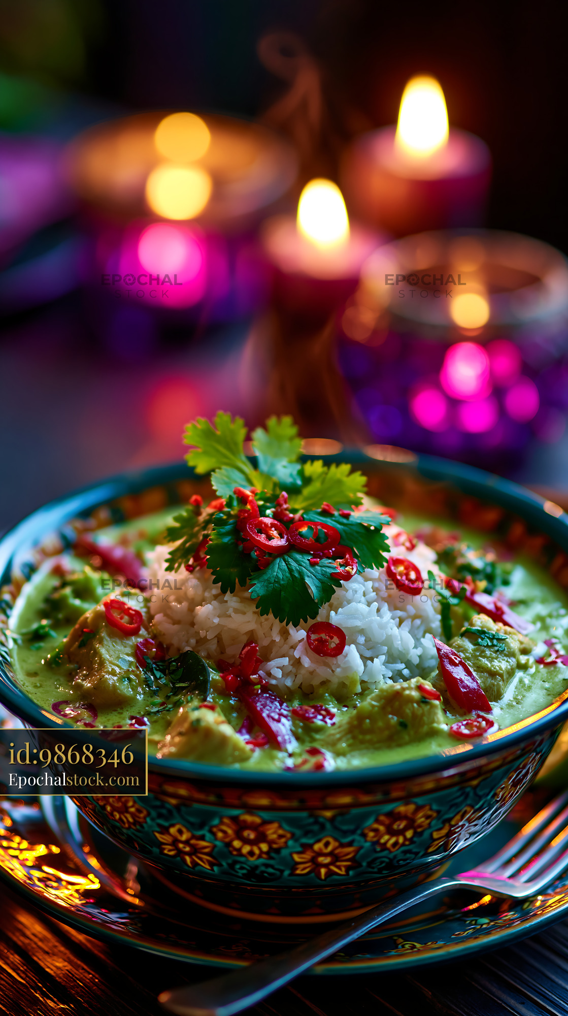 Watermarked full-resolution preview of Delicious green curry with rice and fresh herbs on a table