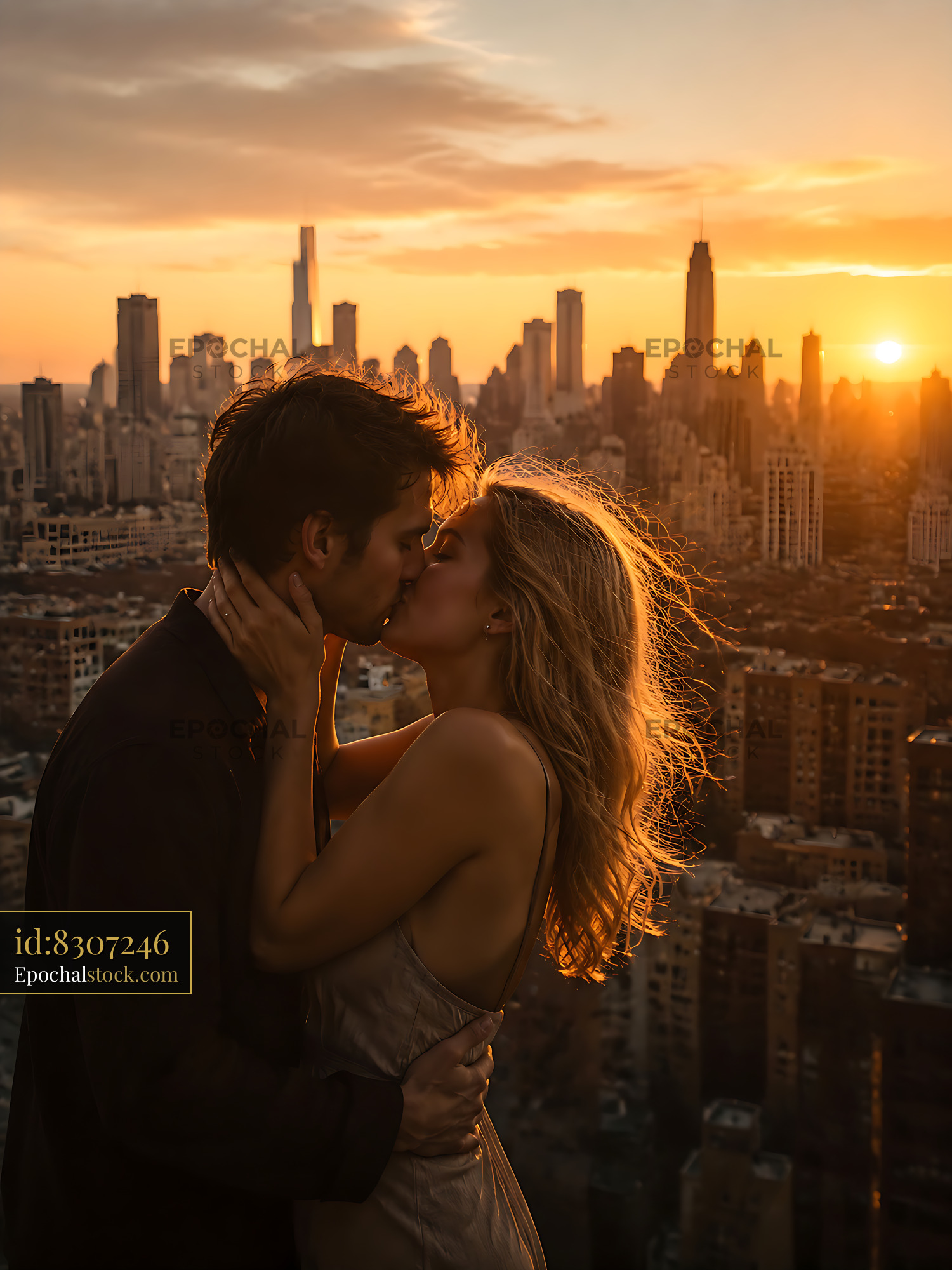 Watermarked full-resolution preview of Couple sharing a kiss during sunset over the city skyline