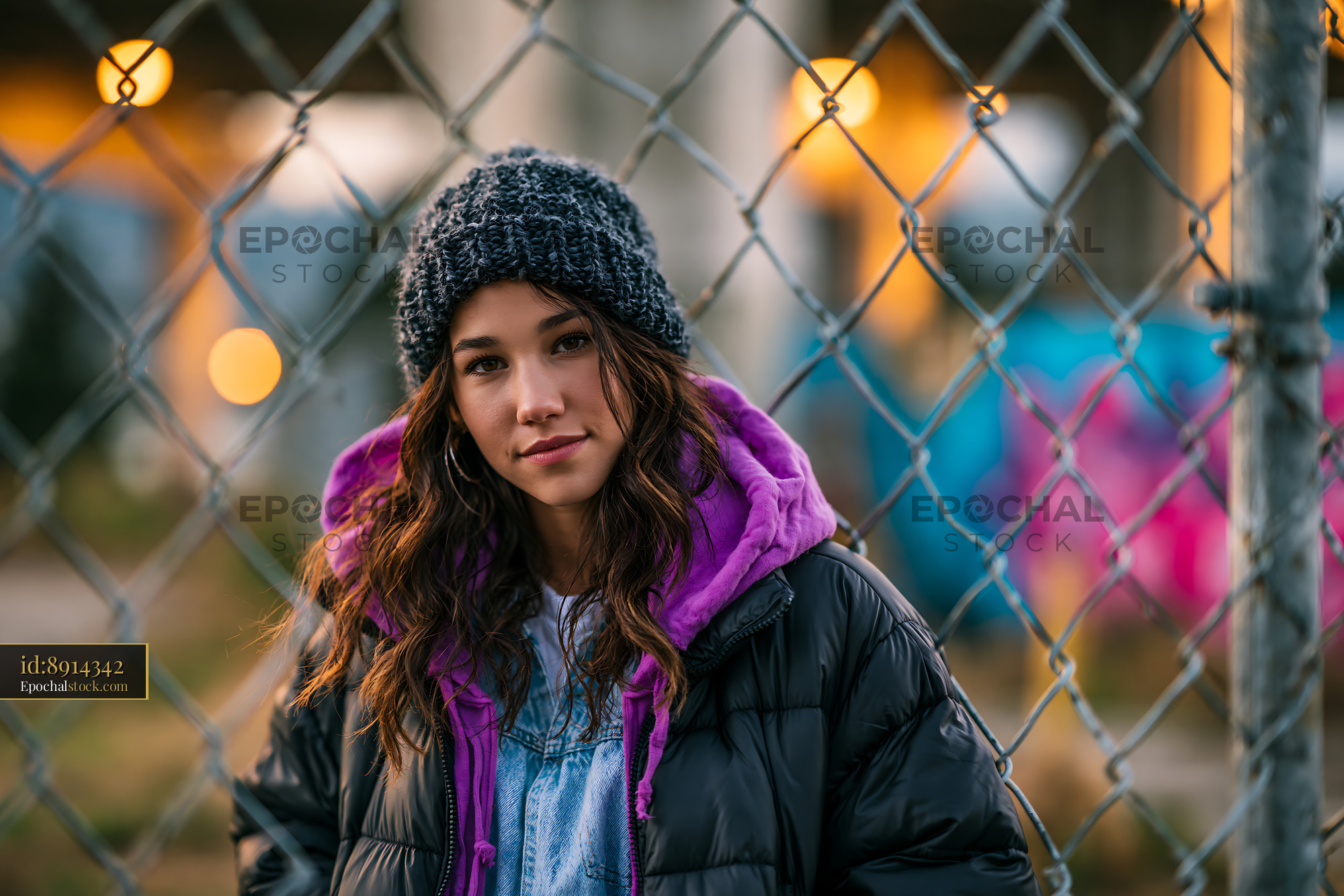 Watermarked full-resolution preview of Young woman standing by a chain-link fence in an urban area