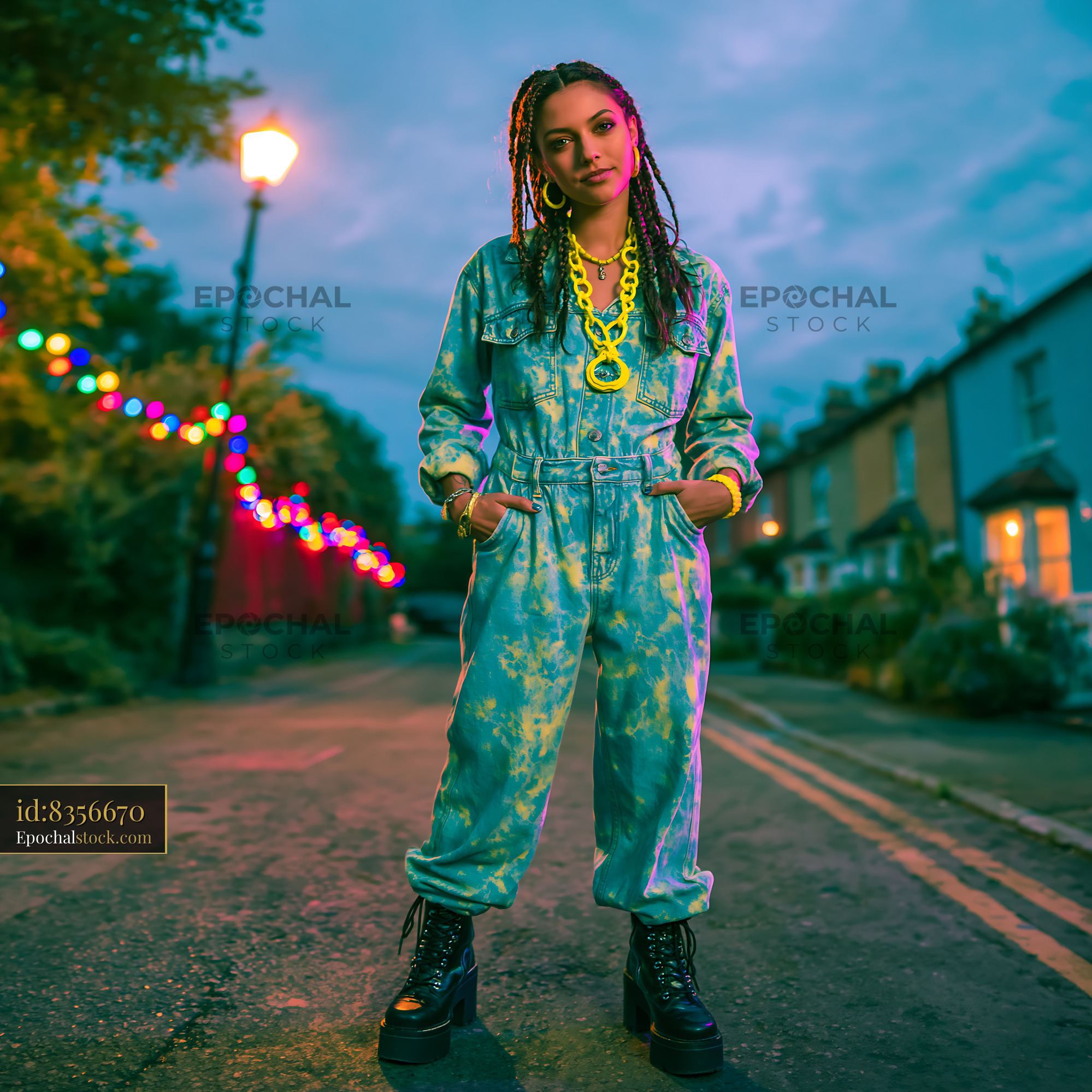 Watermarked full-resolution preview of Person wearing blue outfit stands on street at dusk