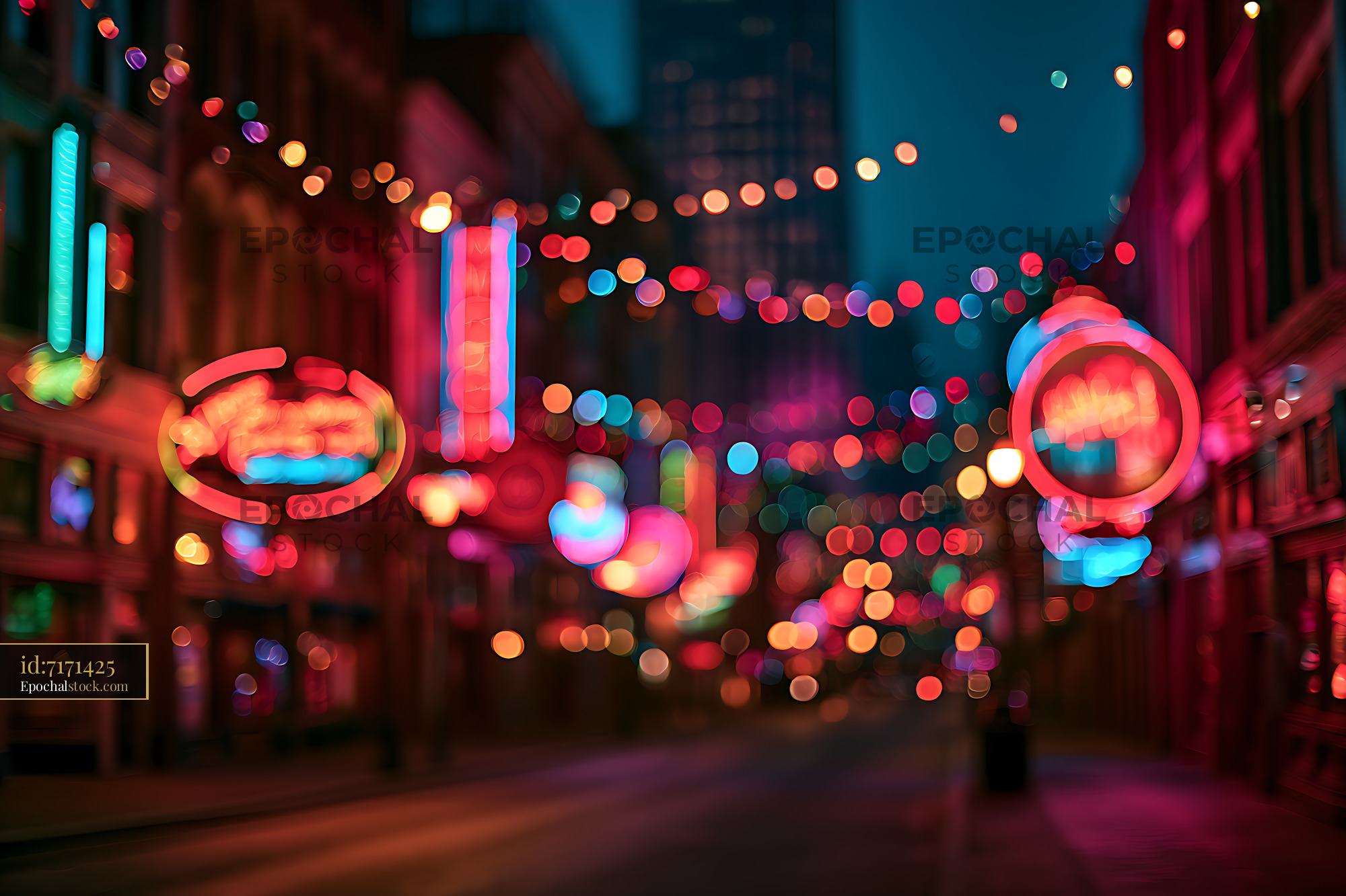 Watermarked full-resolution preview of Colorful abstract neon lights on a city street at night