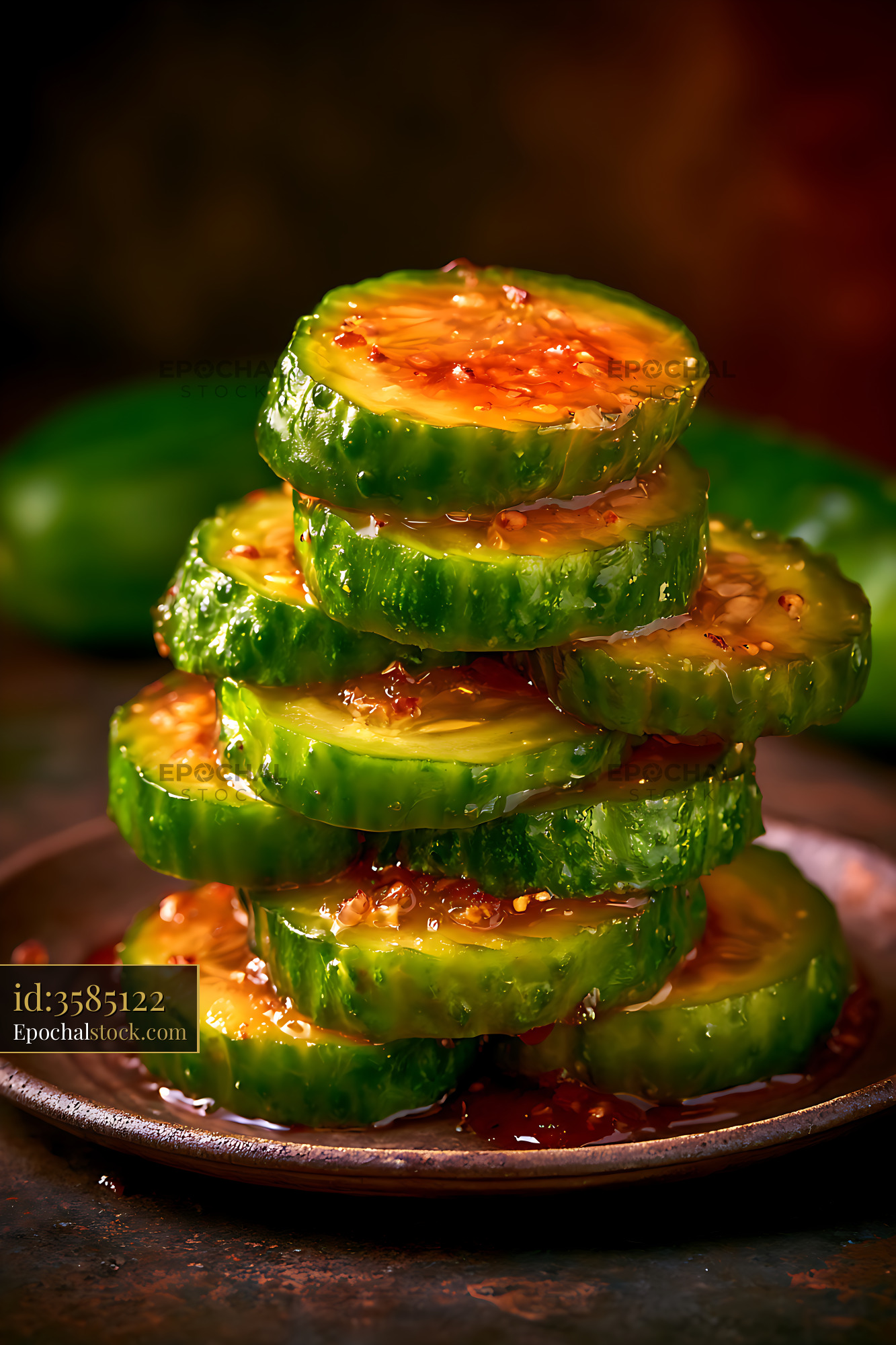 Watermarked full-resolution preview of Glossy cucumber slices layered with chili sauce