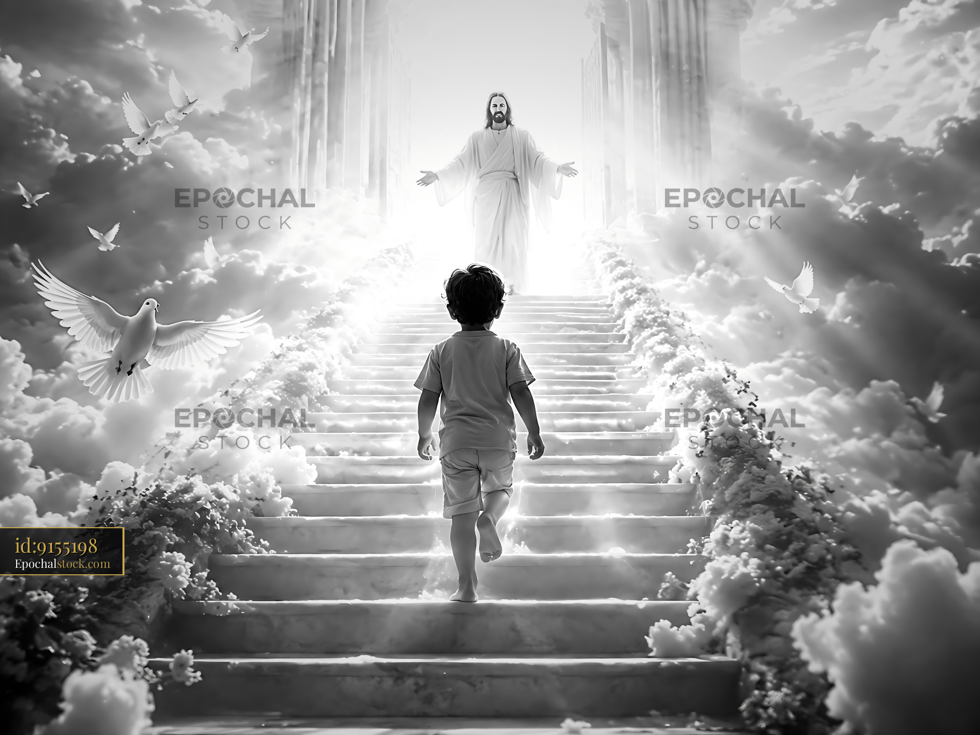Watermarked full-resolution preview of Child walking up staircase to Jesus in heaven