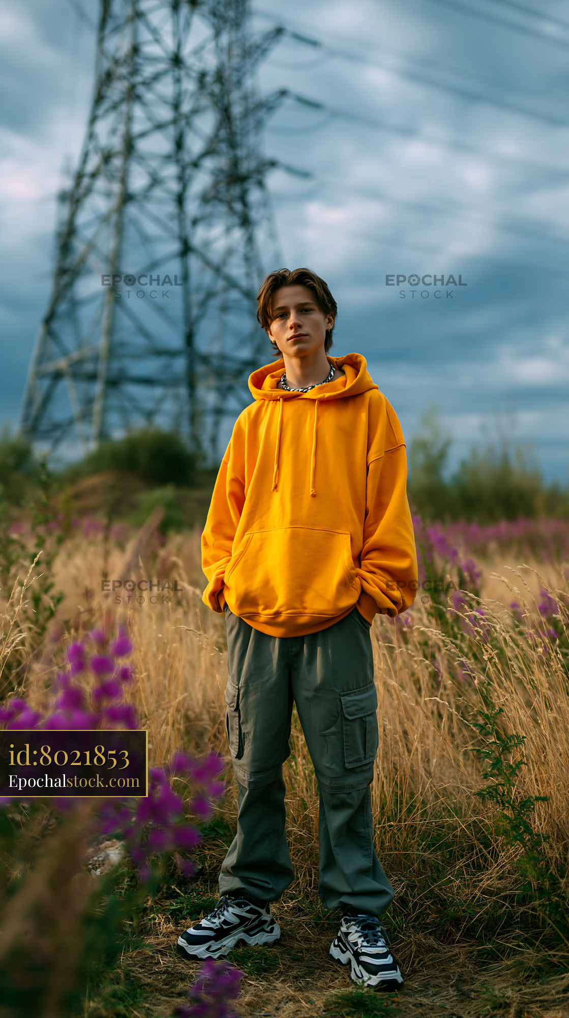 Watermarked full-resolution preview of Teen standing in a field of flowers near power lines