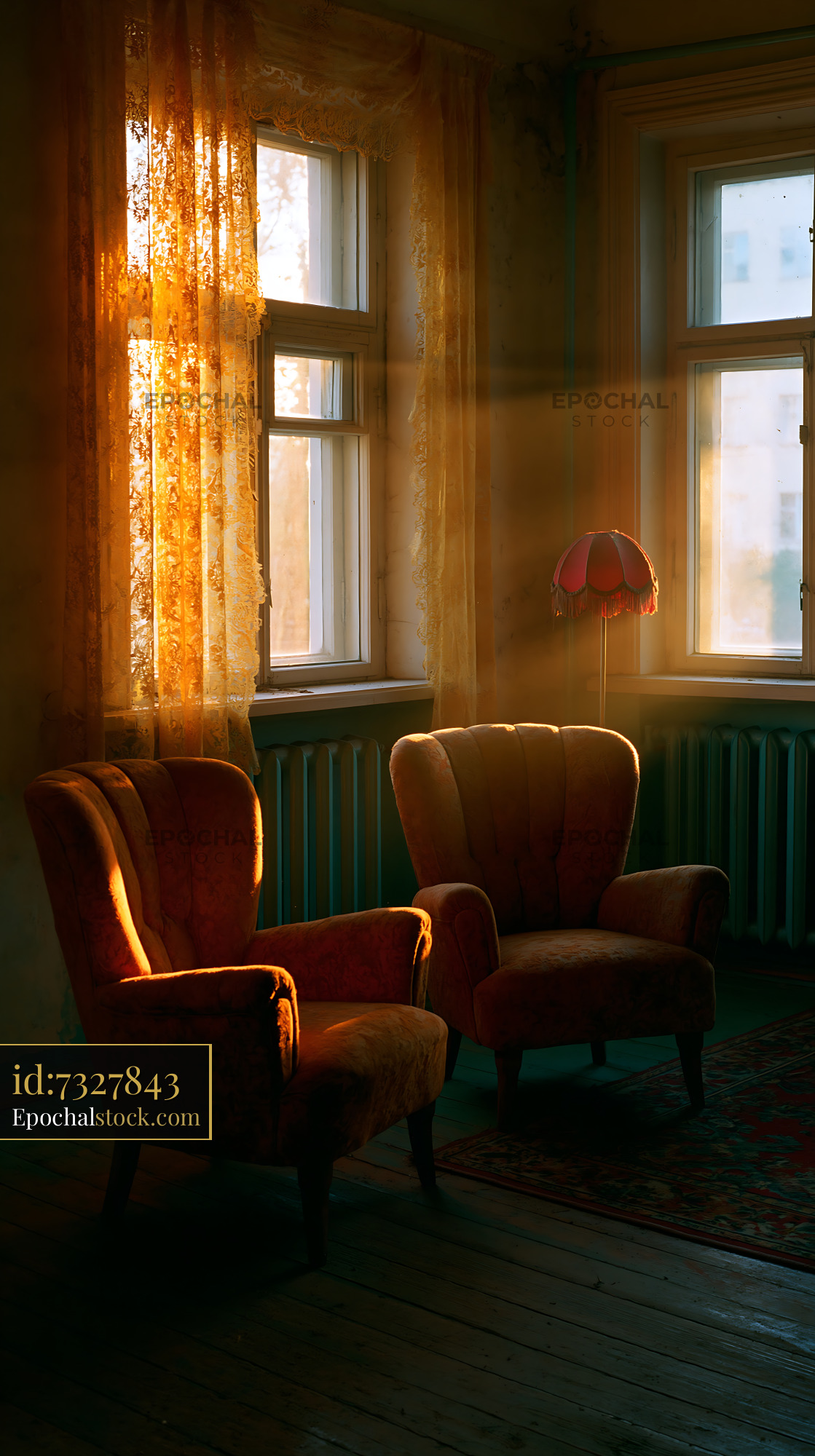 Watermarked full-resolution preview of Sunlight streaming through windows in a cozy room with chairs