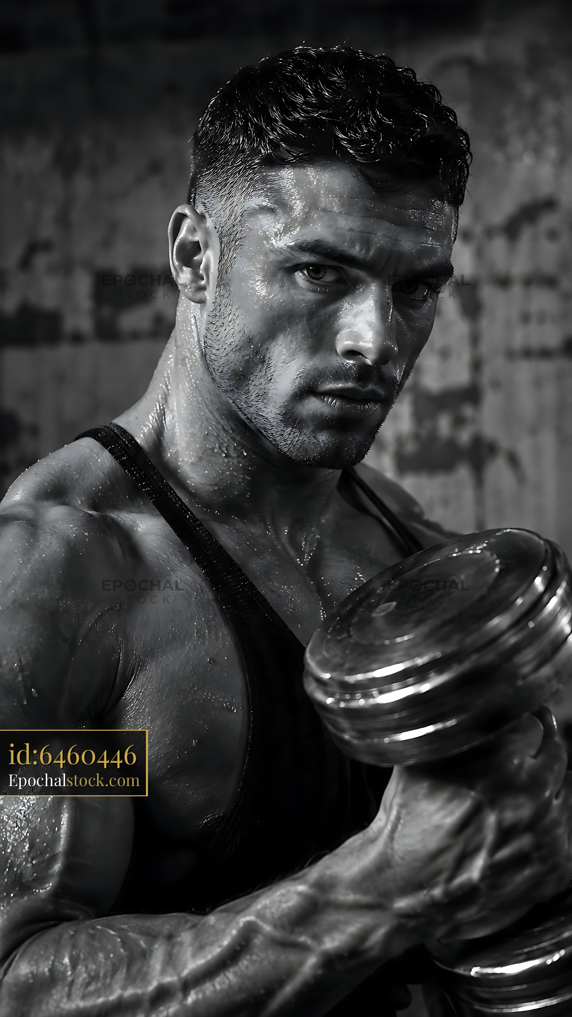 Watermarked full-resolution preview of Muscular man lifting dumbbell in a gym setting