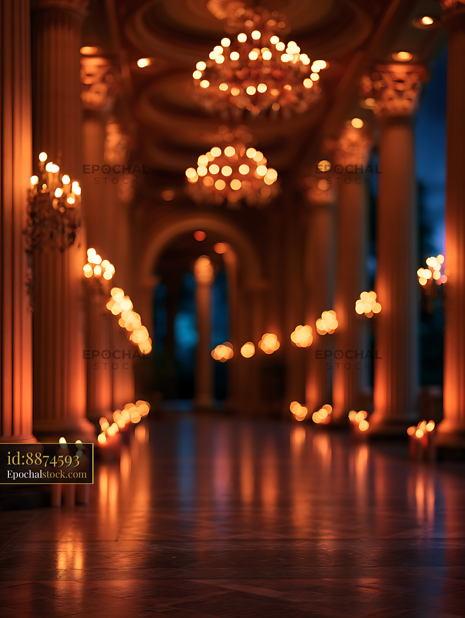 Watermarked full-resolution preview of Warm candlelight and chandeliers in an ornate hall