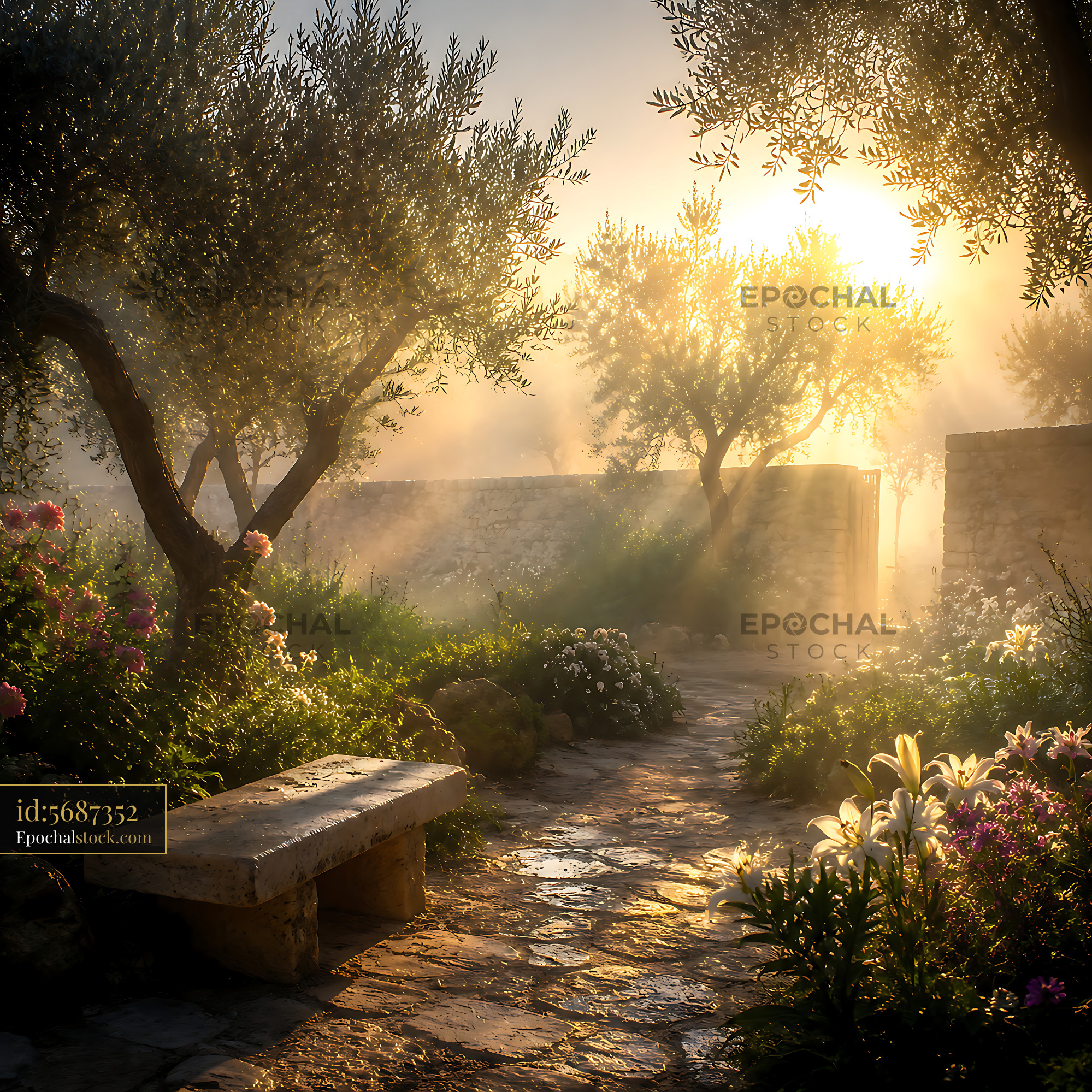 Watermarked full-resolution preview of Sunlight through olive trees in a garden at sunrise