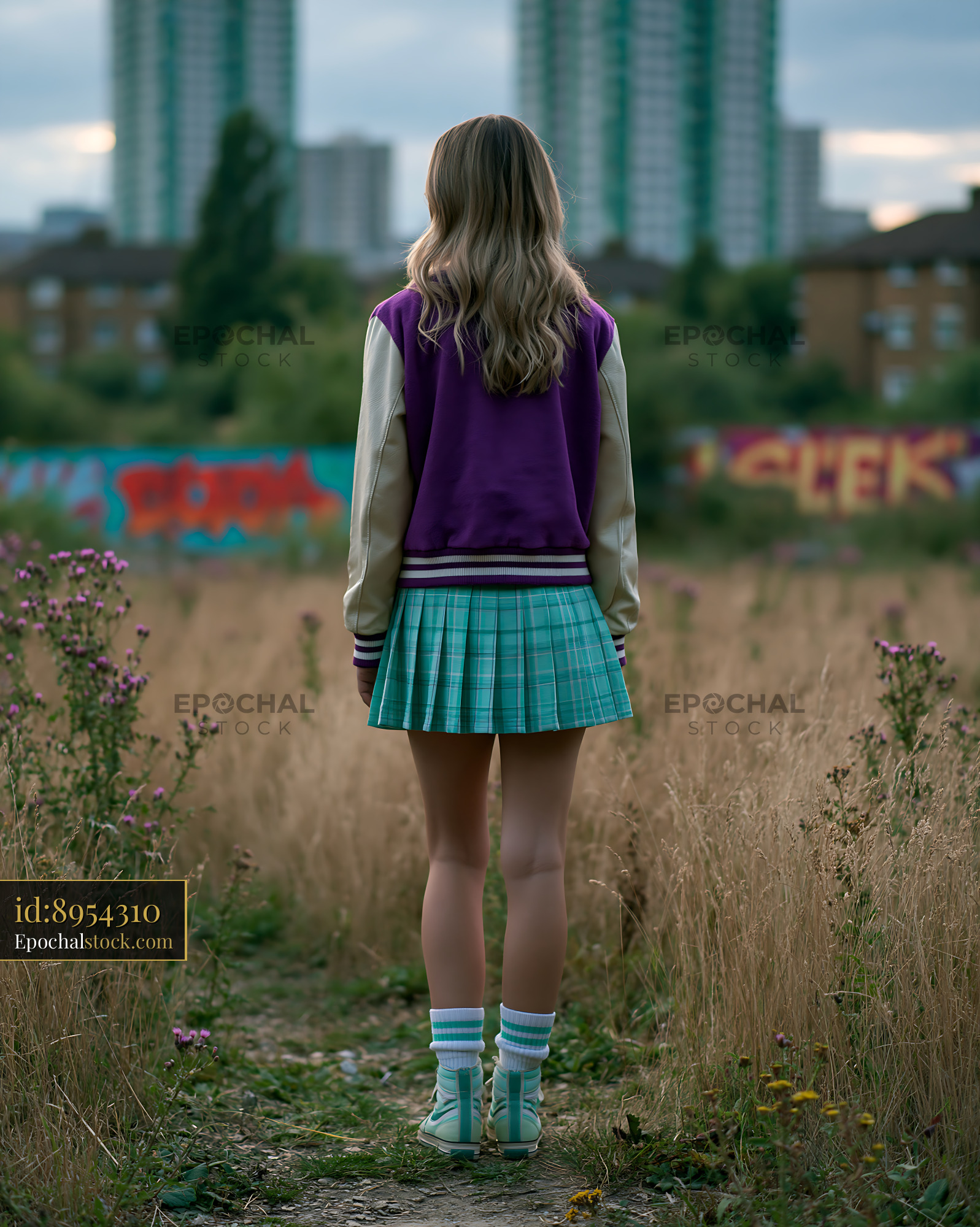 Watermarked full-resolution preview of Girl standing in a field wearing a school uniform with city backdrop