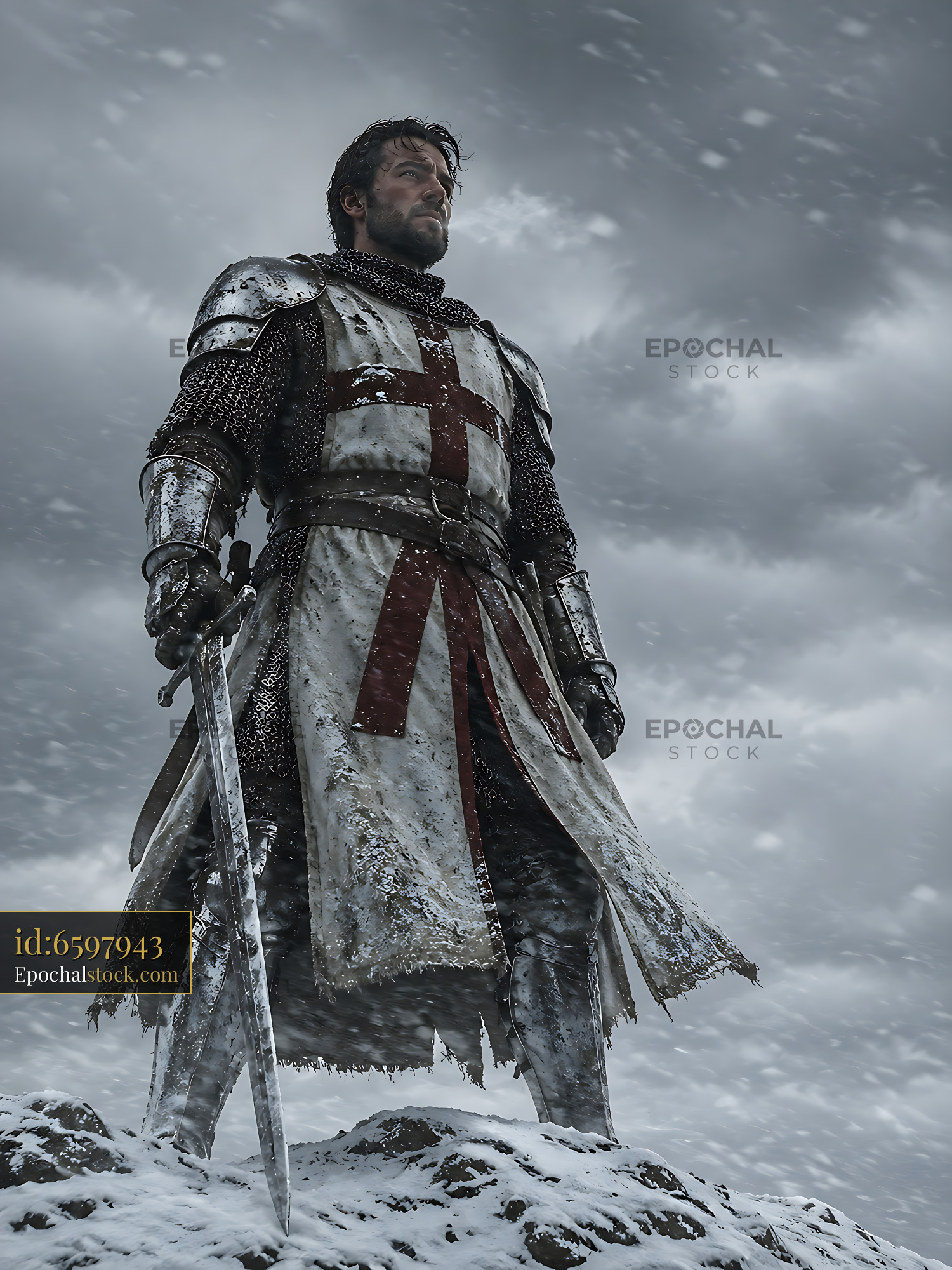 Watermarked full-resolution preview of Knight standing on a rock with sword during snowfall