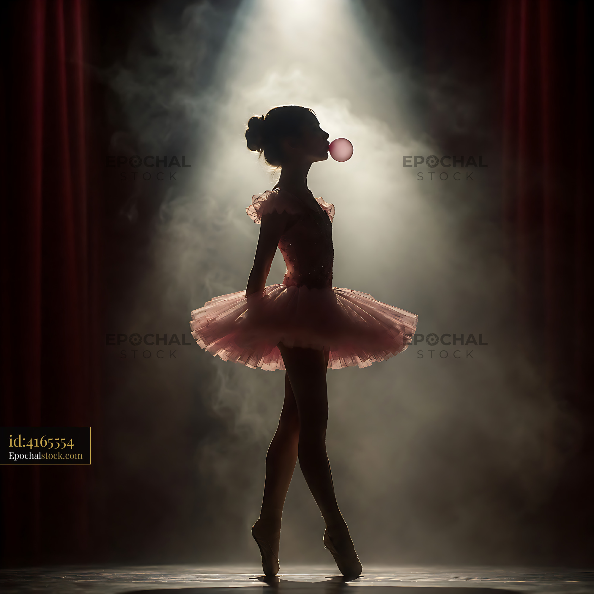 Watermarked full-resolution preview of Ballet dancer in silhouette blowing bubble gum on stage