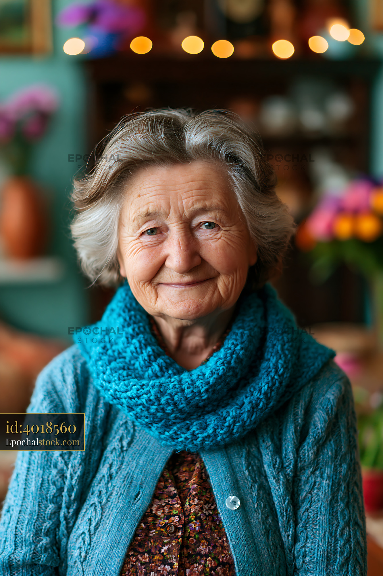 Watermarked full-resolution preview of Smiling elderly woman sitting indoors with colorful decor
