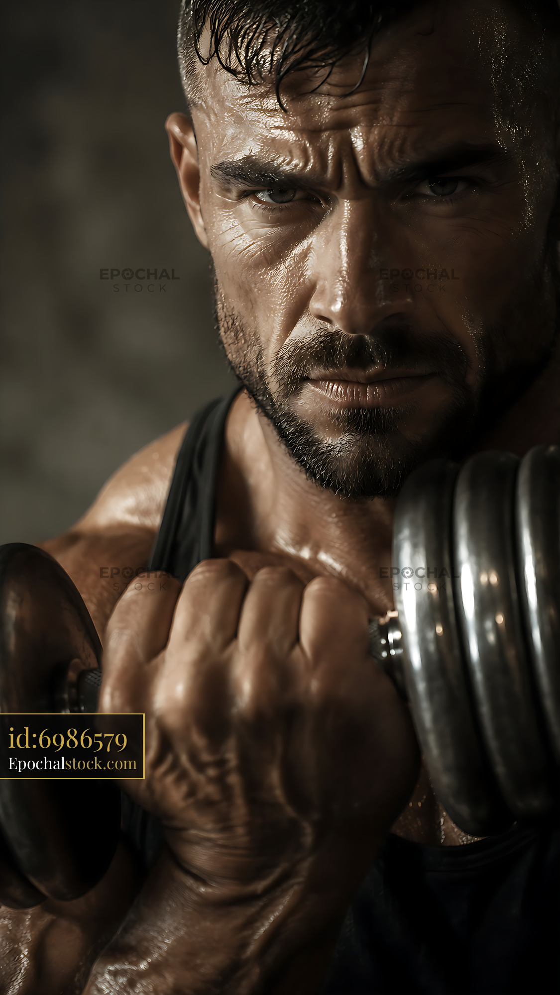 Watermarked full-resolution preview of Muscle man lifting dumbbell during workout session