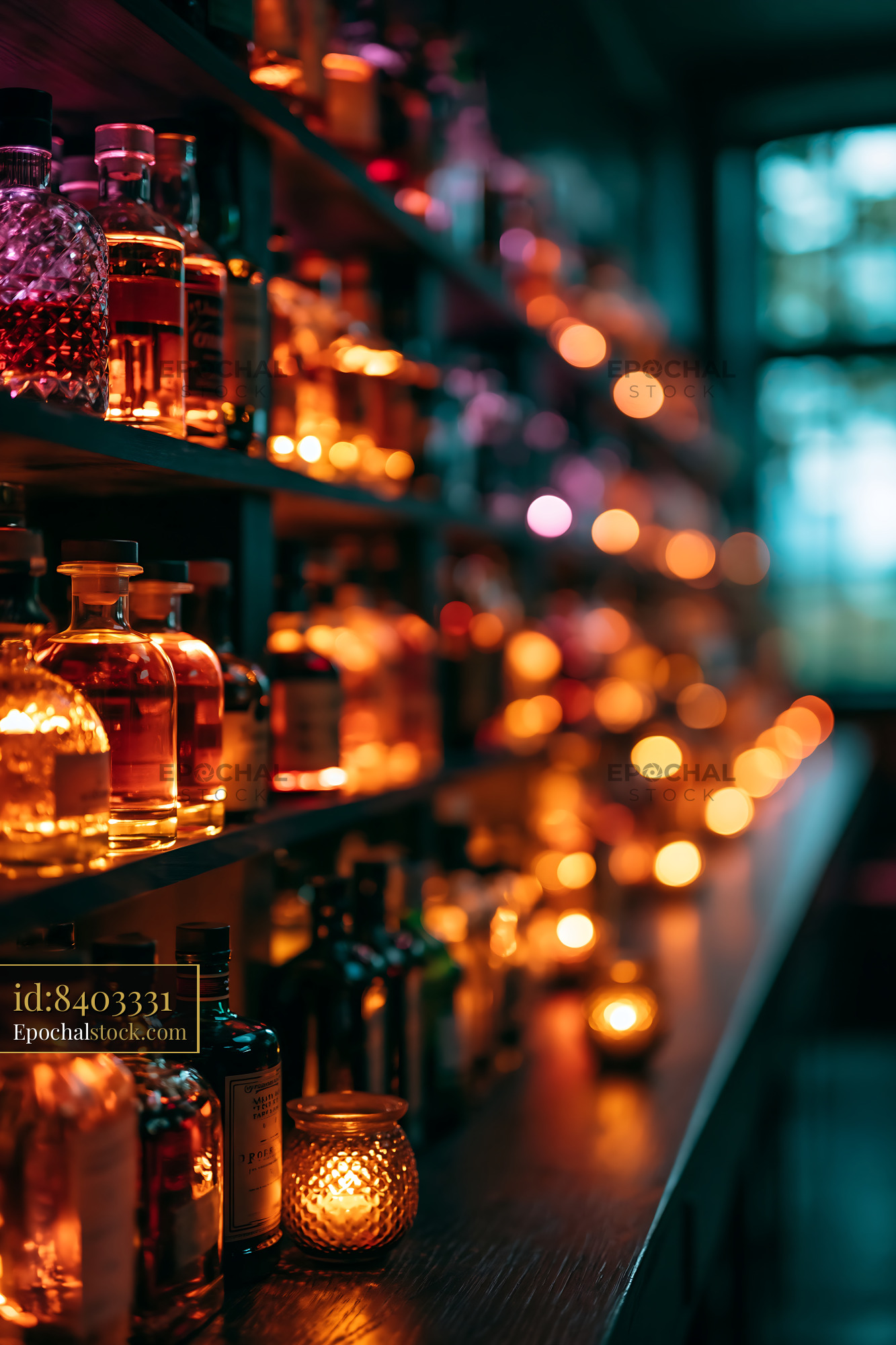 Watermarked full-resolution preview of Bottles of spirits on display with warm light in a bar