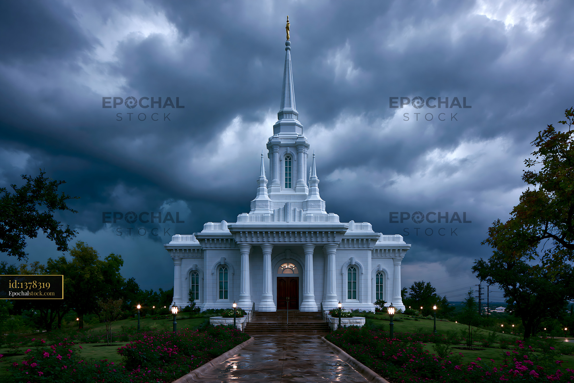 Watermarked full-resolution preview of Stormy sky surrounds a white temple with a tall spire