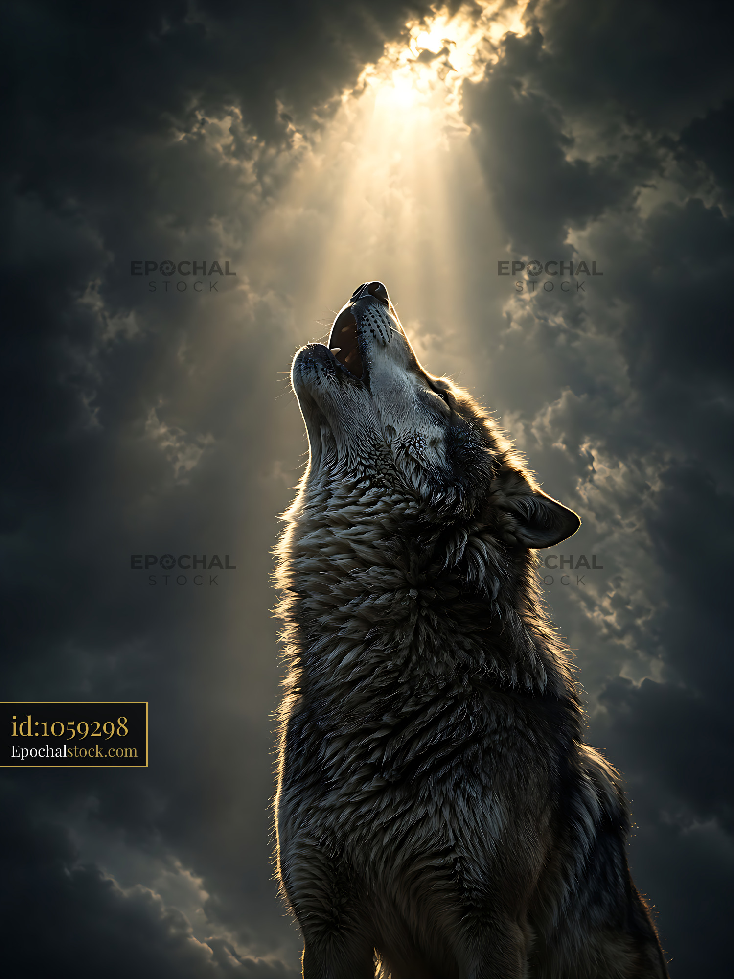 Watermarked full-resolution preview of Wolf howling under a beam of light in dark clouds