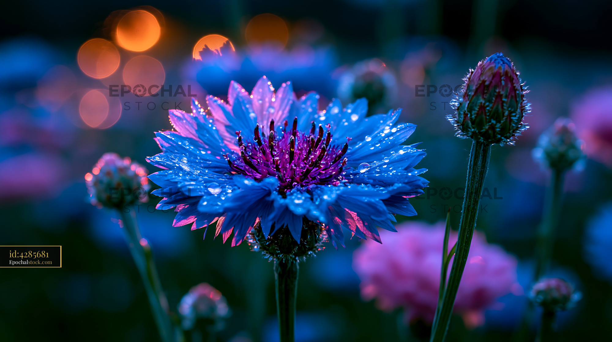 Watermarked full-resolution preview of Blue flower with dew at dusk