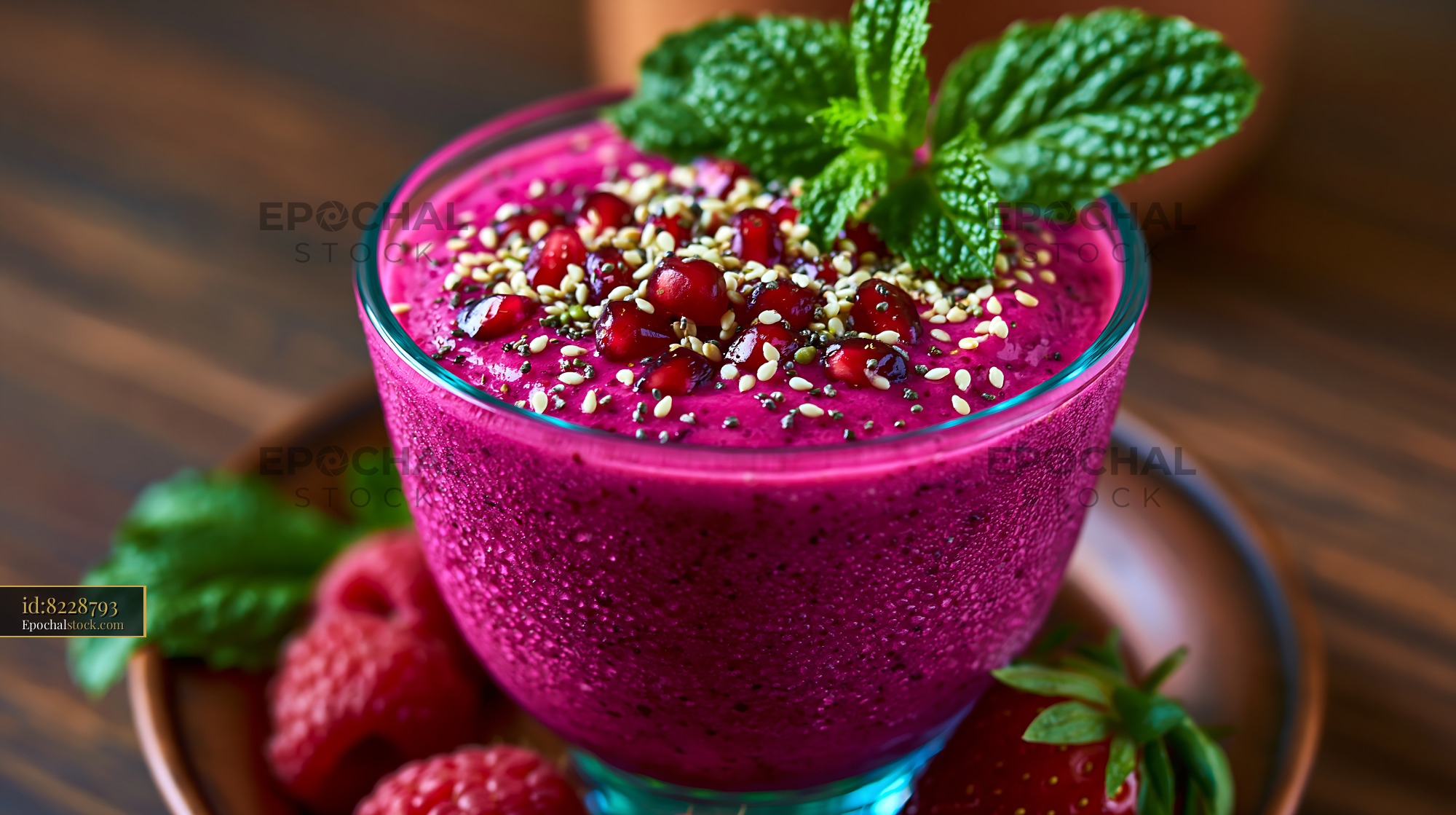 Watermarked full-resolution preview of Colorful smoothie in a glass with toppings on a wooden table