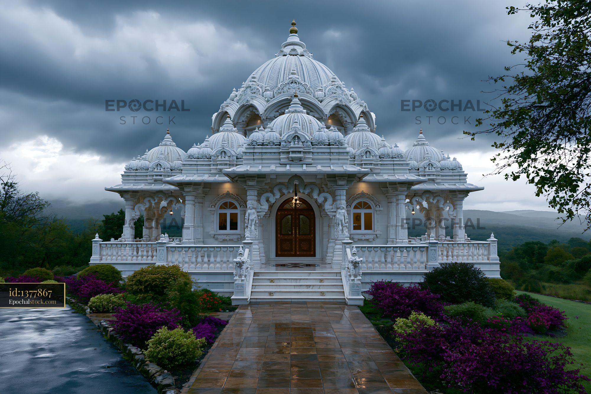 Watermarked full-resolution preview of White temple structure under dark clouds