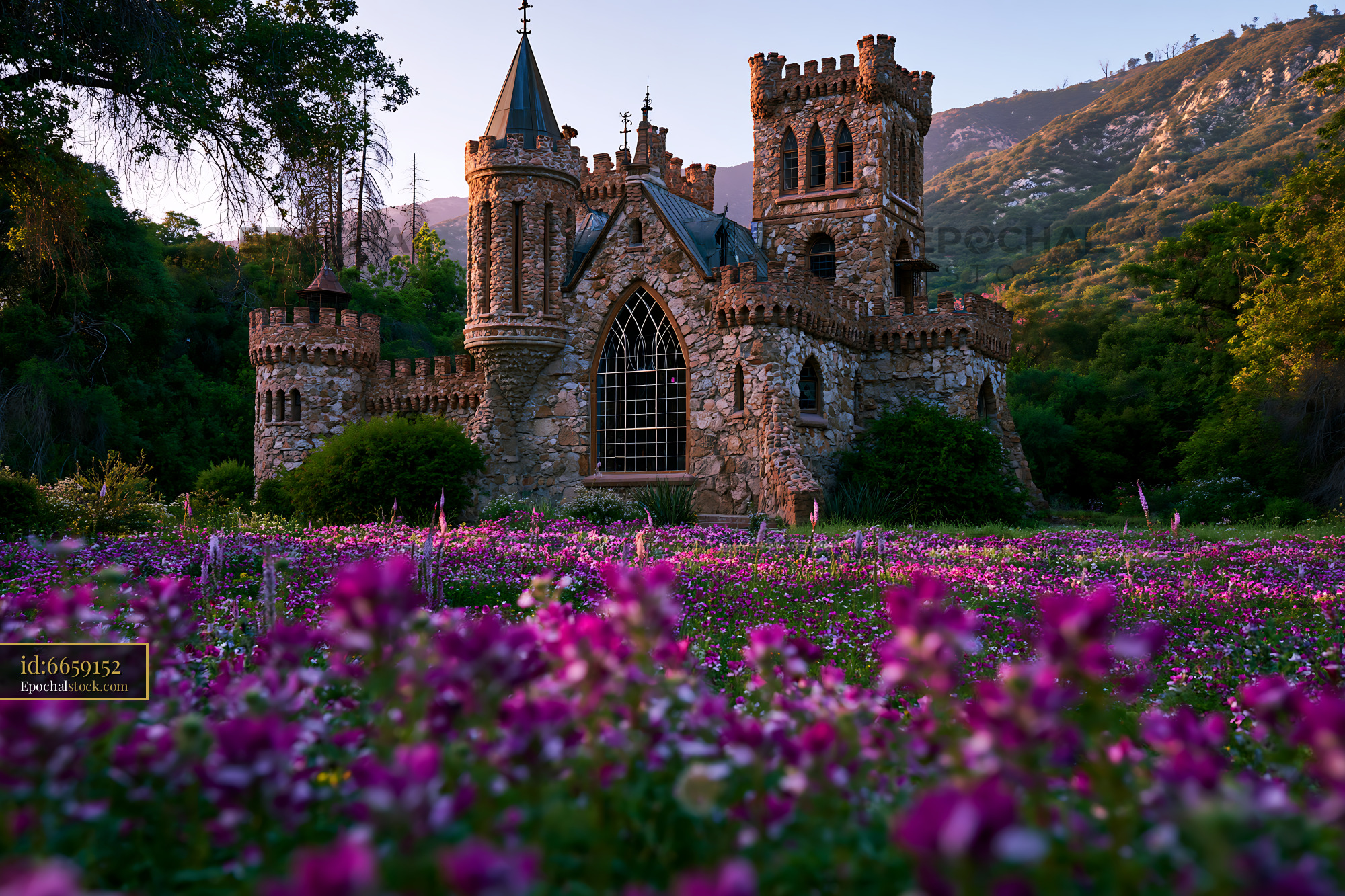Watermarked full-resolution preview of Castle surrounded by purple flowers in a valley setting