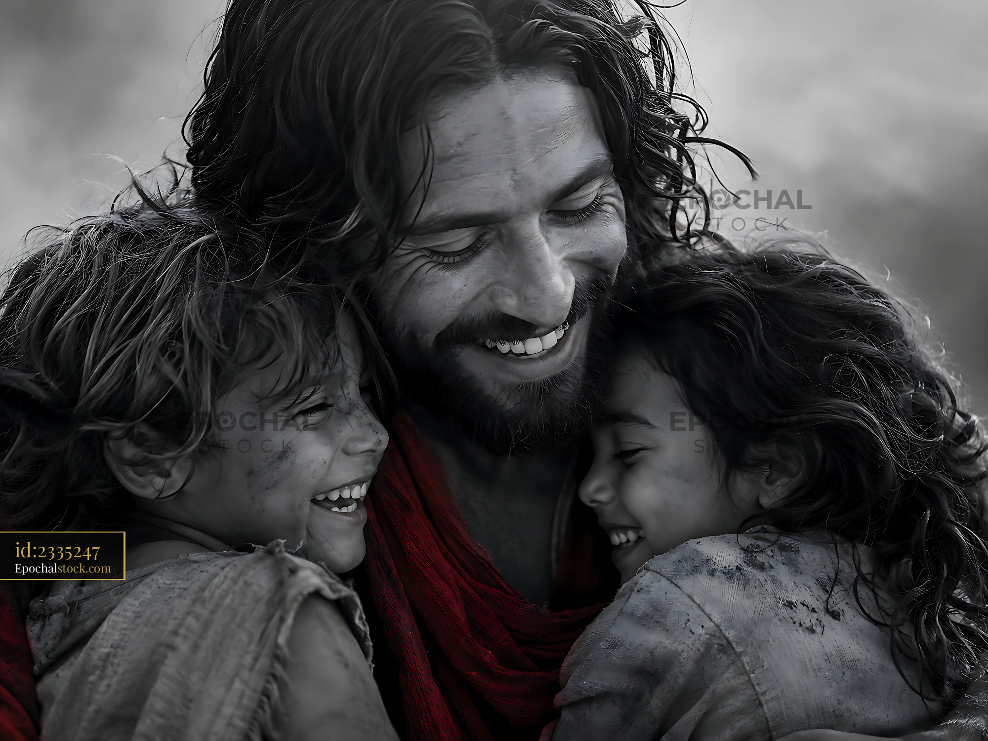 Father Hugs Children While Smiling in Black and White Setting - stock photo