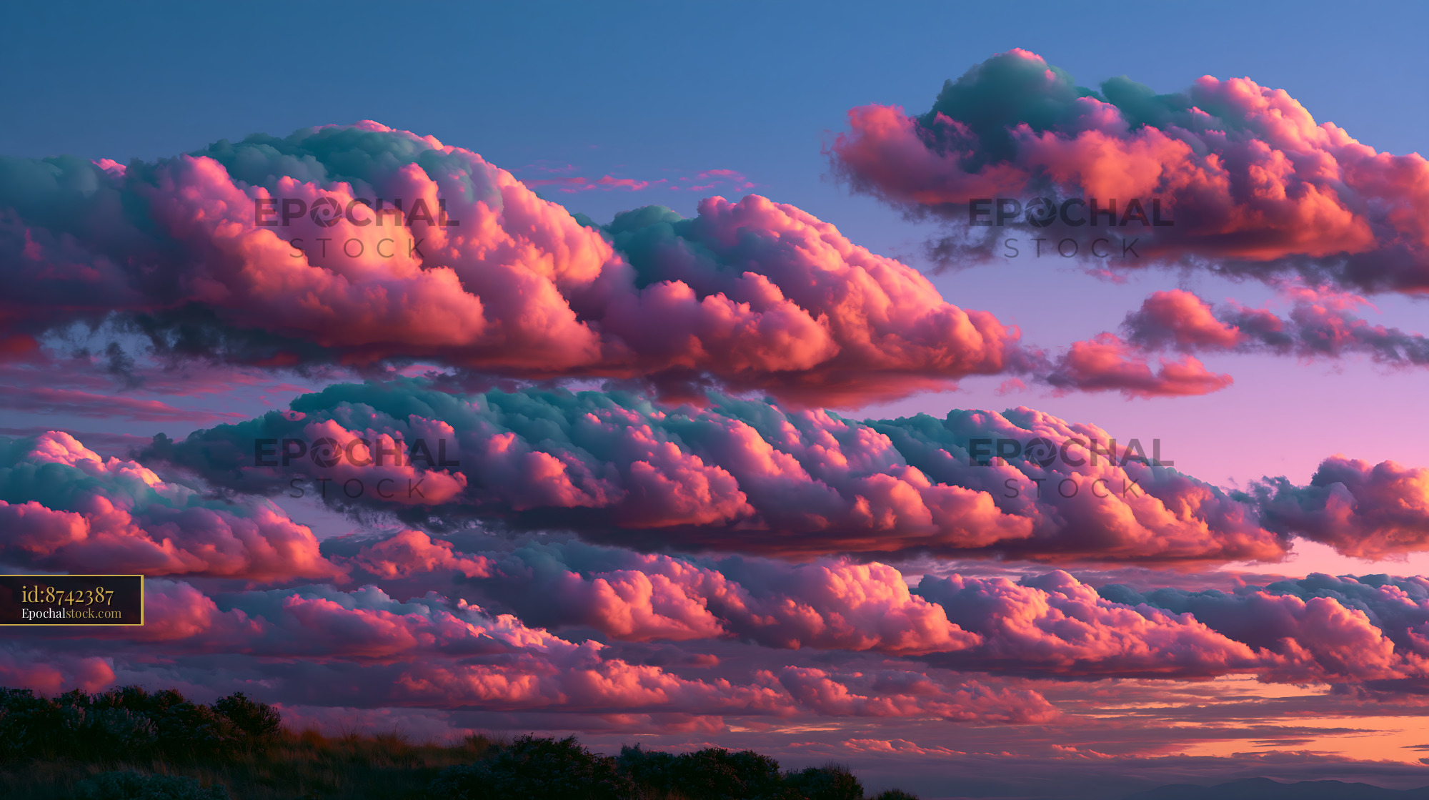 Watermarked full-resolution preview of Colorful clouds in the sky during sunset over open land