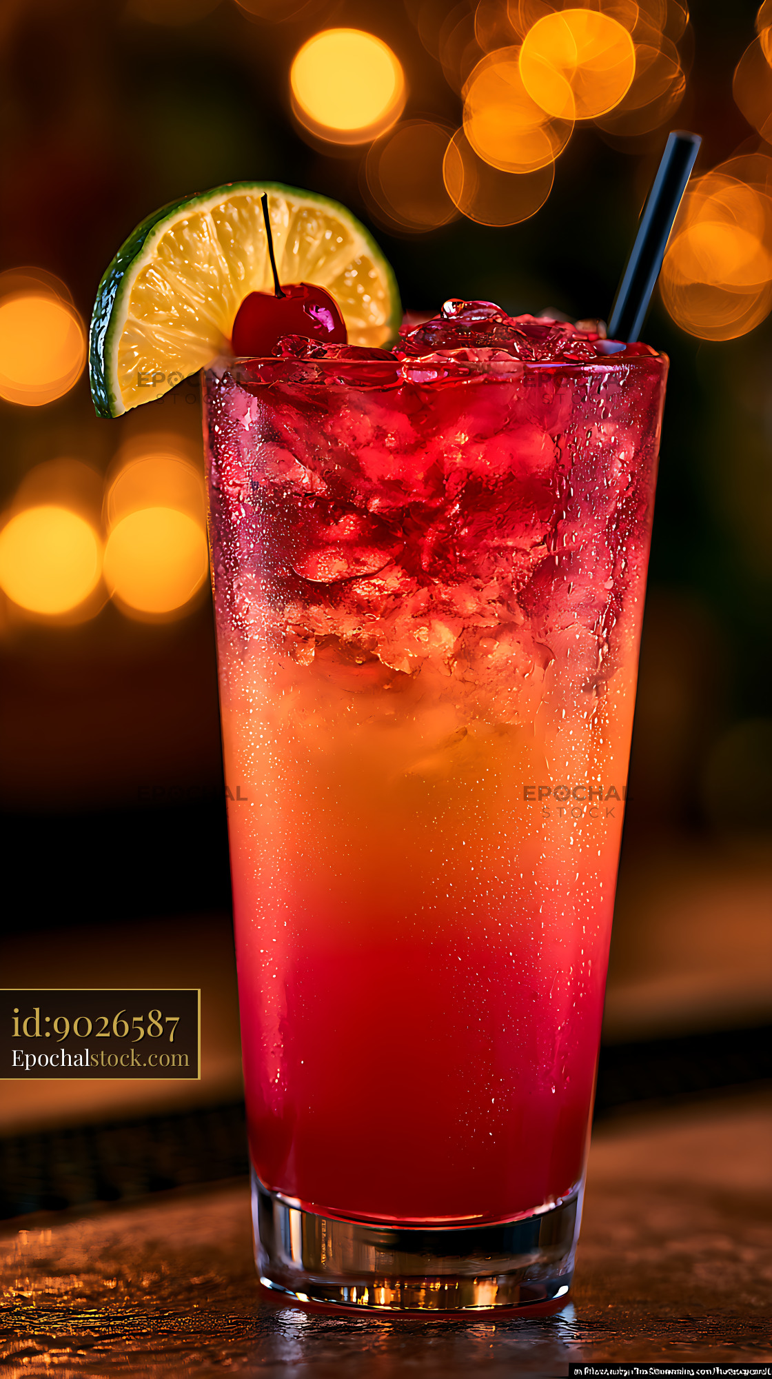 Watermarked full-resolution preview of Colorful cocktail with citrus and cherry at a bar