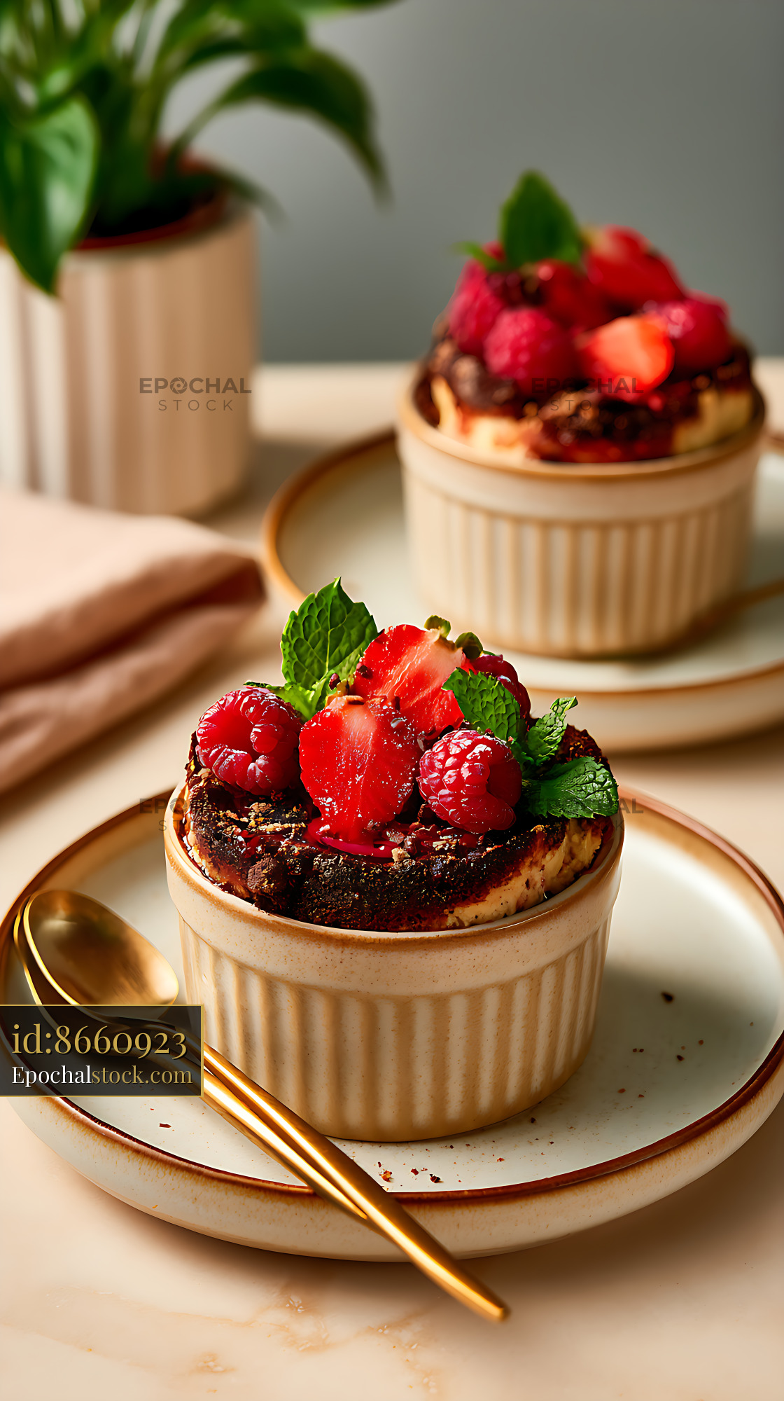 Watermarked full-resolution preview of Chocolate dessert with fresh berries and mint