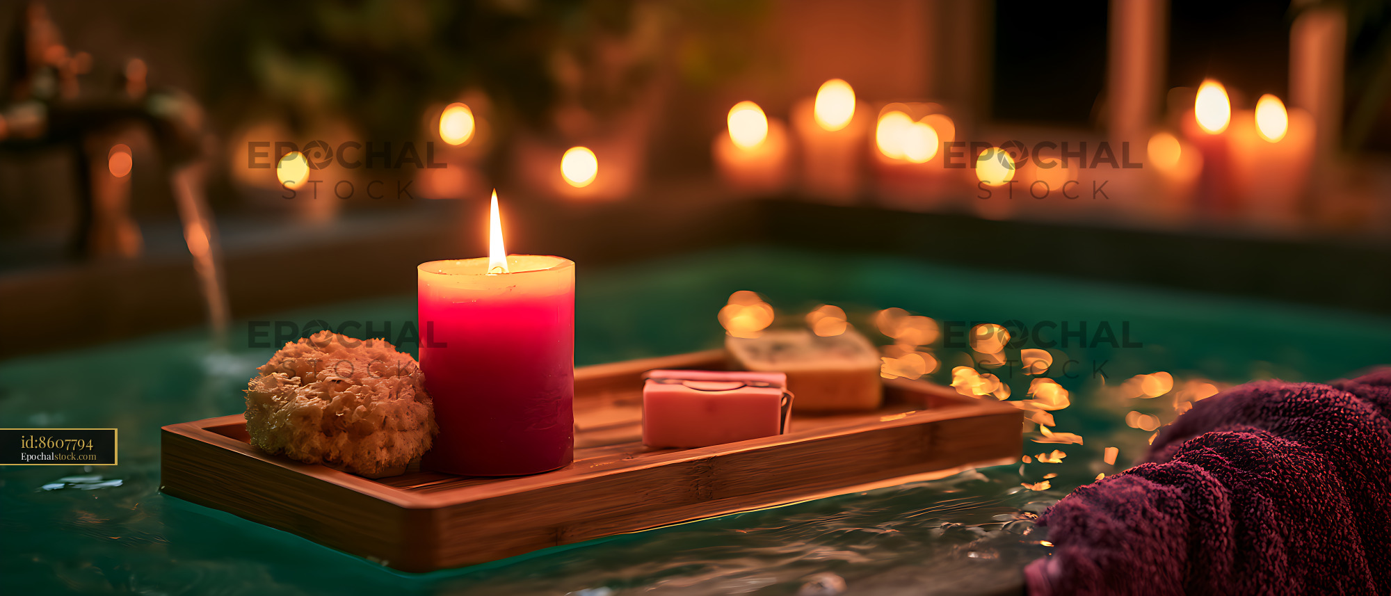 Watermarked full-resolution preview of Warm candlelit spa tray floating on water