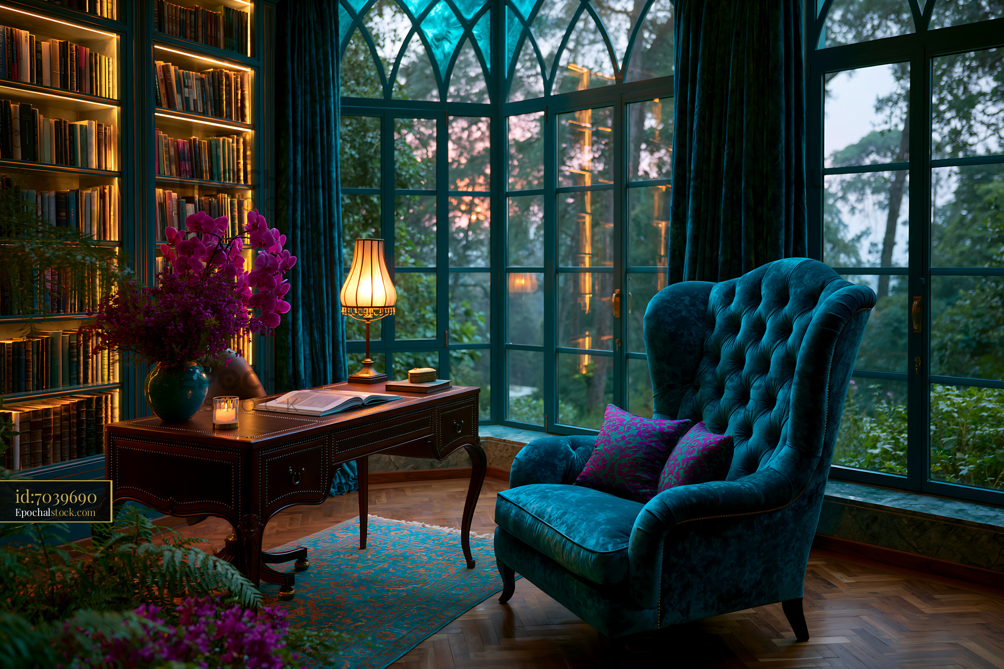 Watermarked full-resolution preview of Cozy reading corner in a library with large windows