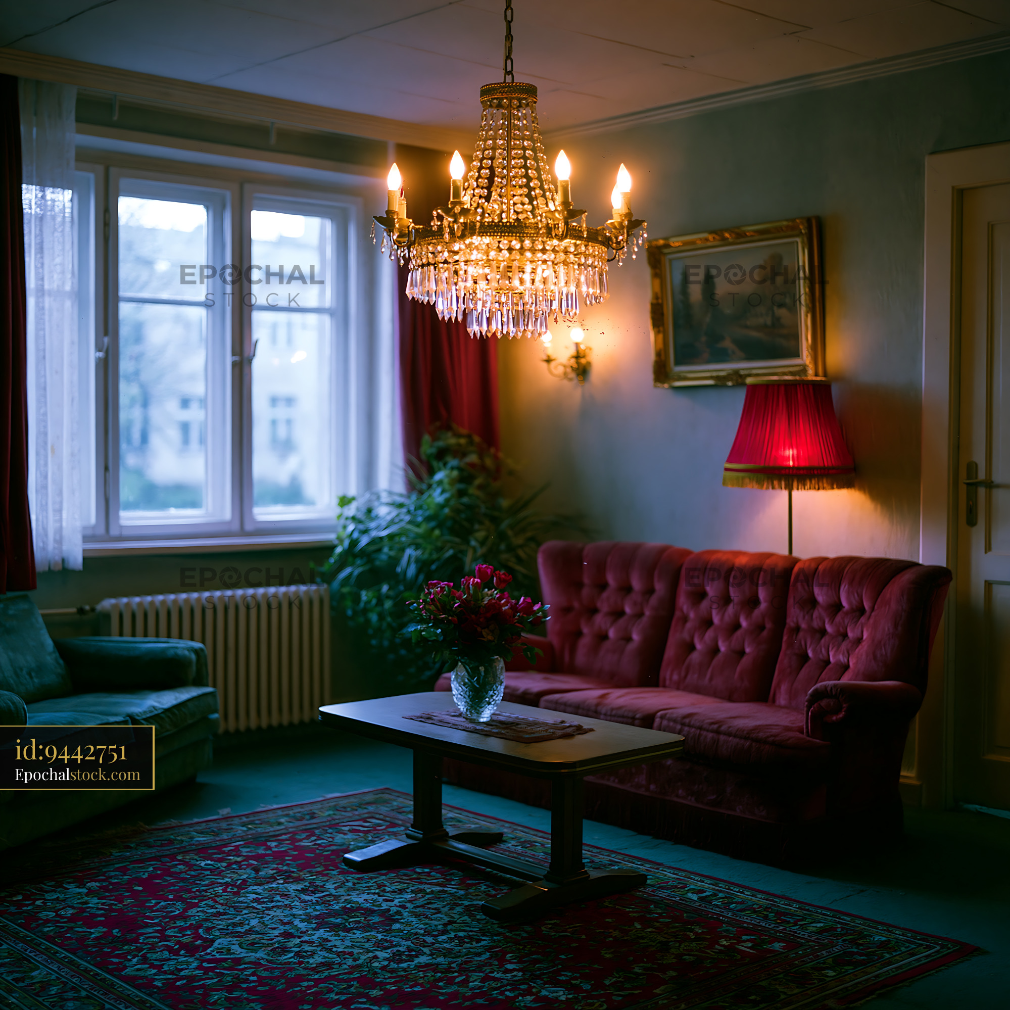 Watermarked full-resolution preview of Elegant room with chandelier and vintage furniture decor
