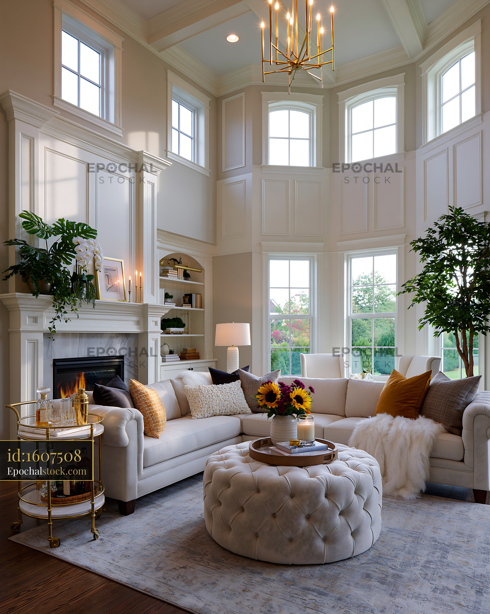 Watermarked full-resolution preview of Cozy living room with large windows and modern furnishings