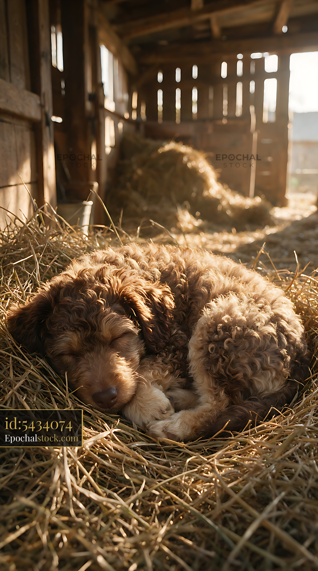 Watermarked full-resolution preview of Curly-haired puppies resting on straw in a sunlit barn