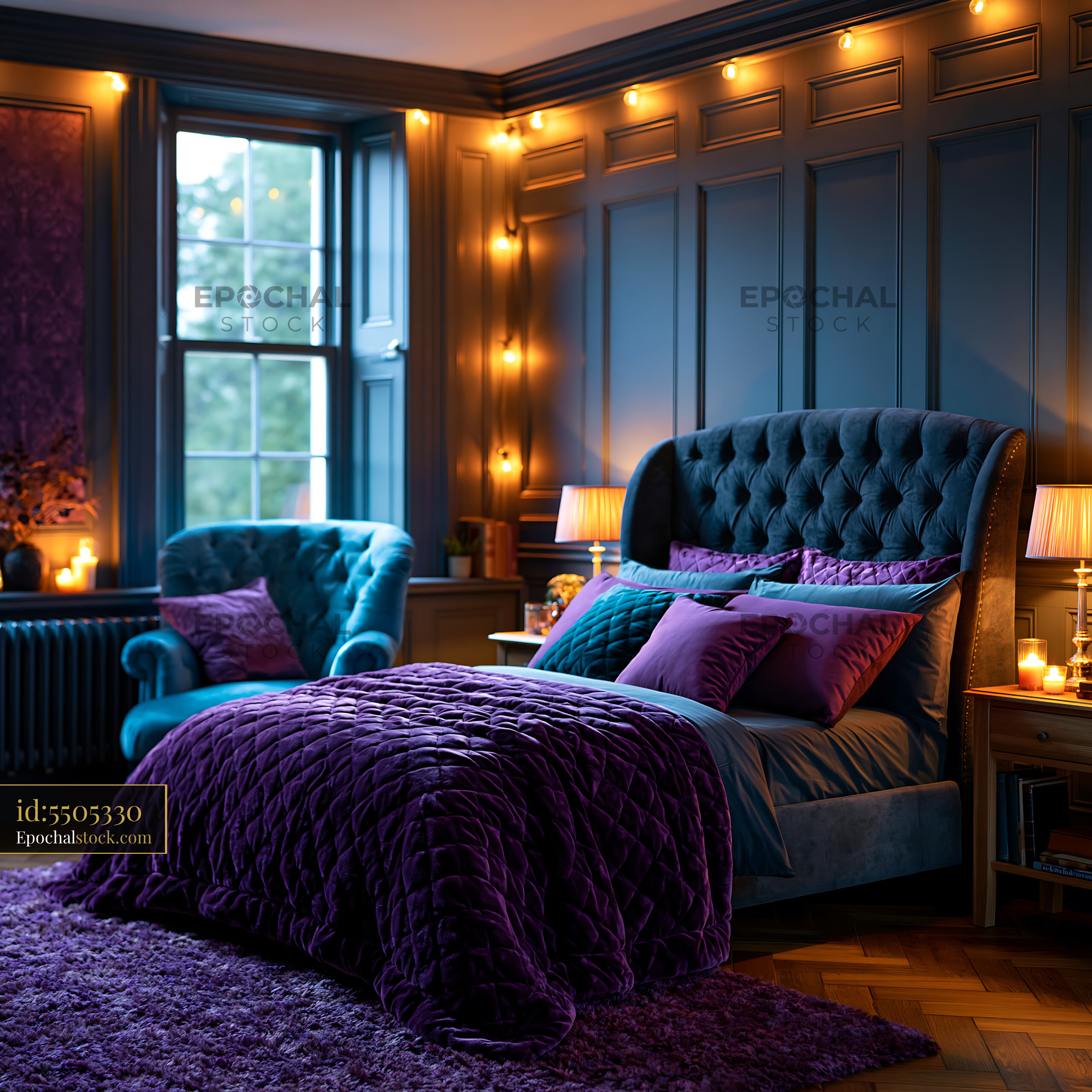 Watermarked full-resolution preview of Cozy bedroom with blue and purple decor and warm lighting