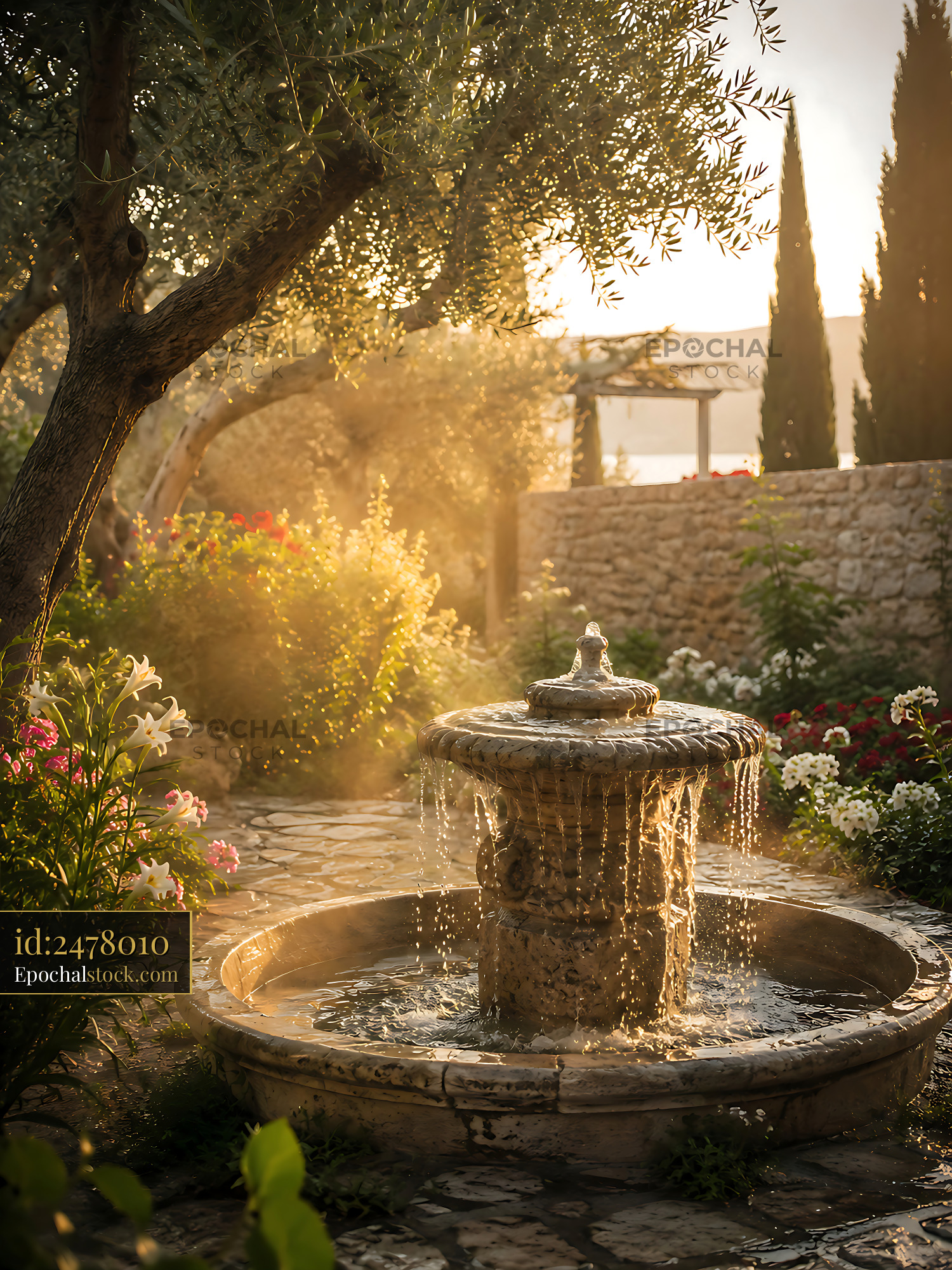 Watermarked full-resolution preview of Scenic garden fountain surrounded by flowers at sunset