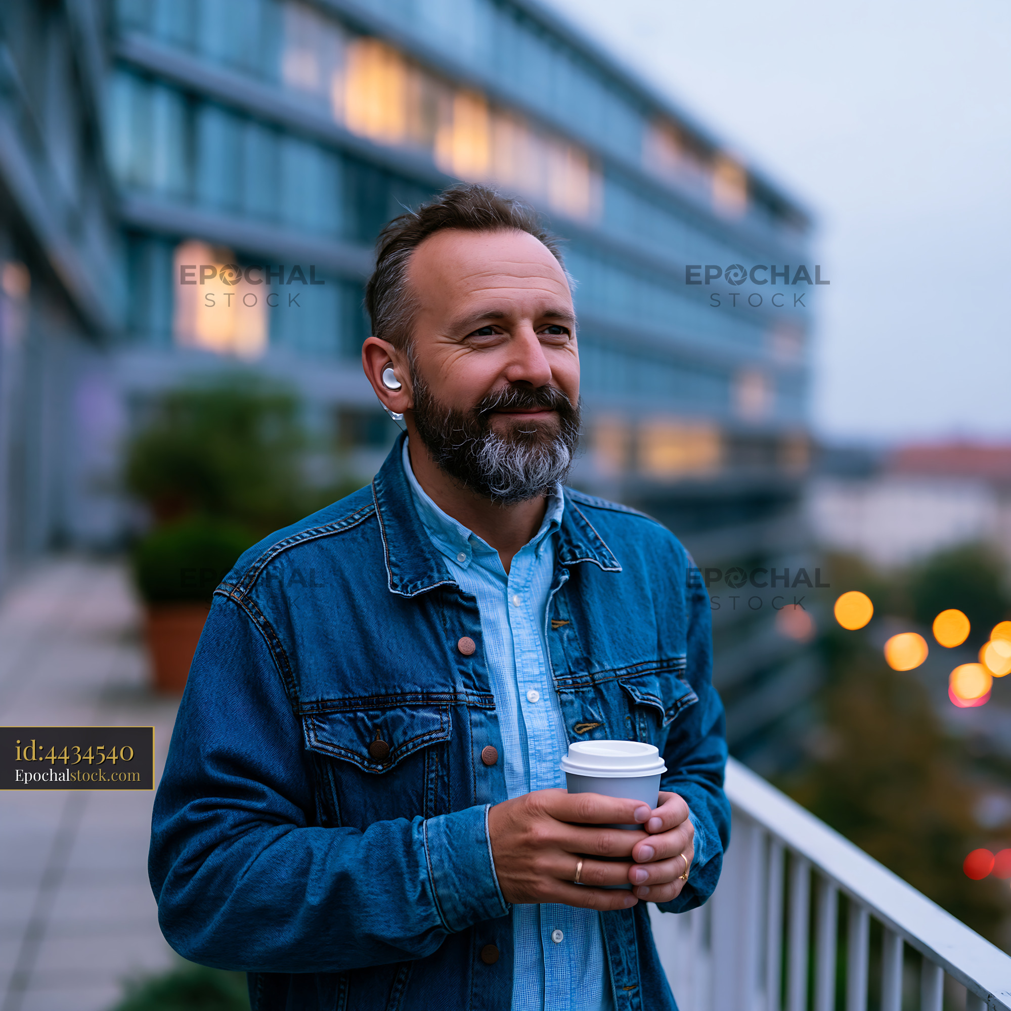 Watermarked full-resolution preview of Man holding coffee cup while standing on balcony in evening