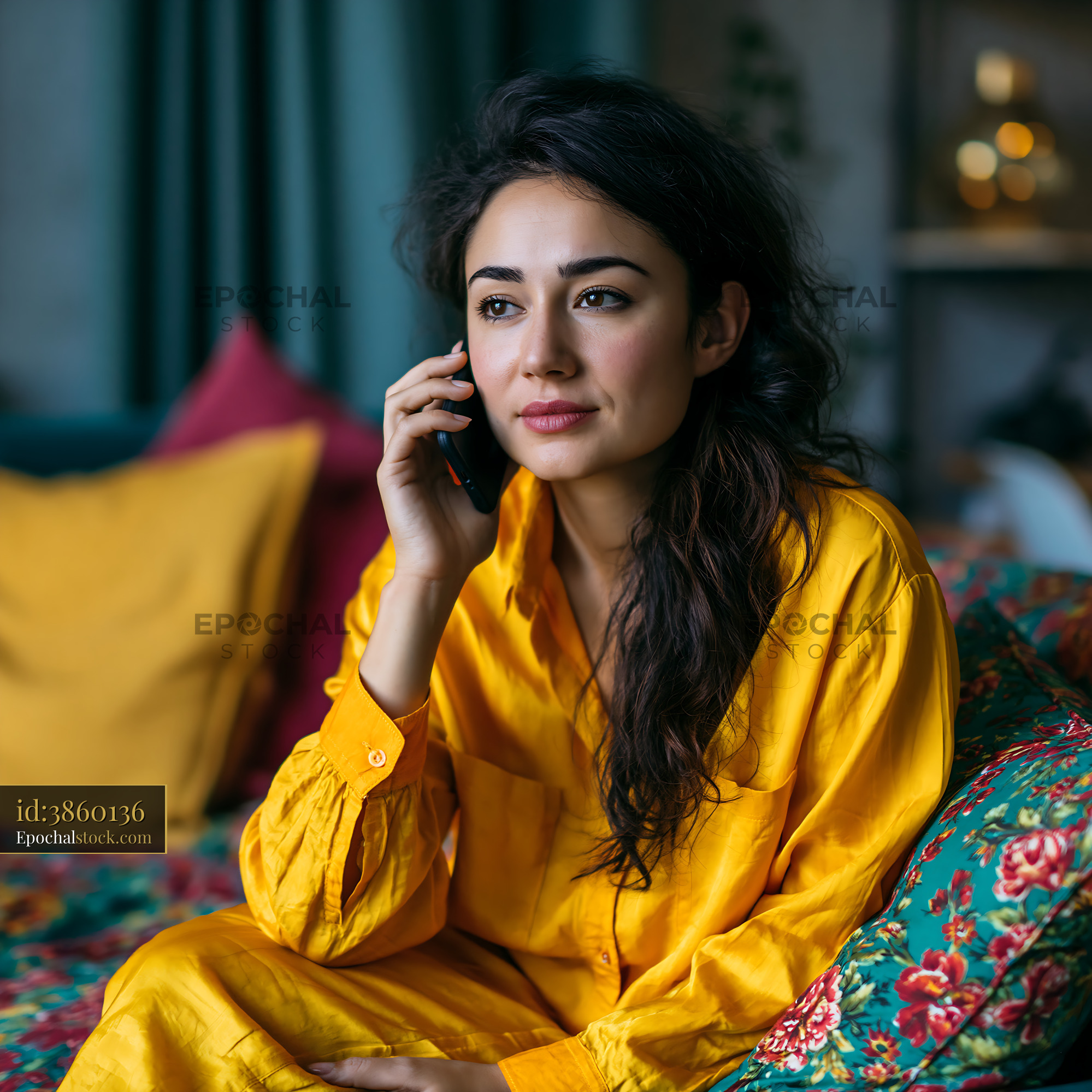 Watermarked full-resolution preview of Woman talking on the phone while sitting on a colorful sofa