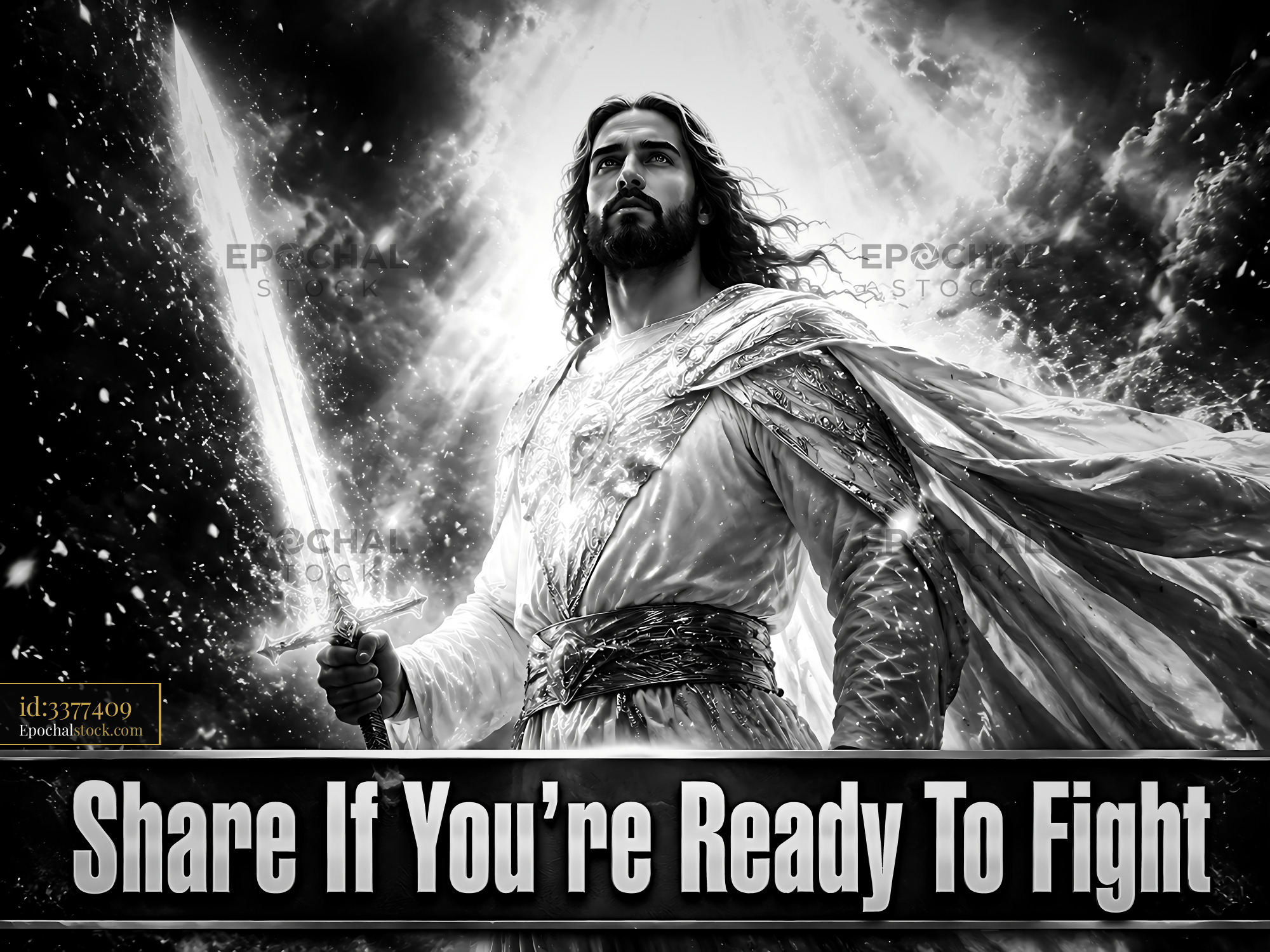 Warrior Holding Sword in Dramatic Scene With Bright Light - stock photo